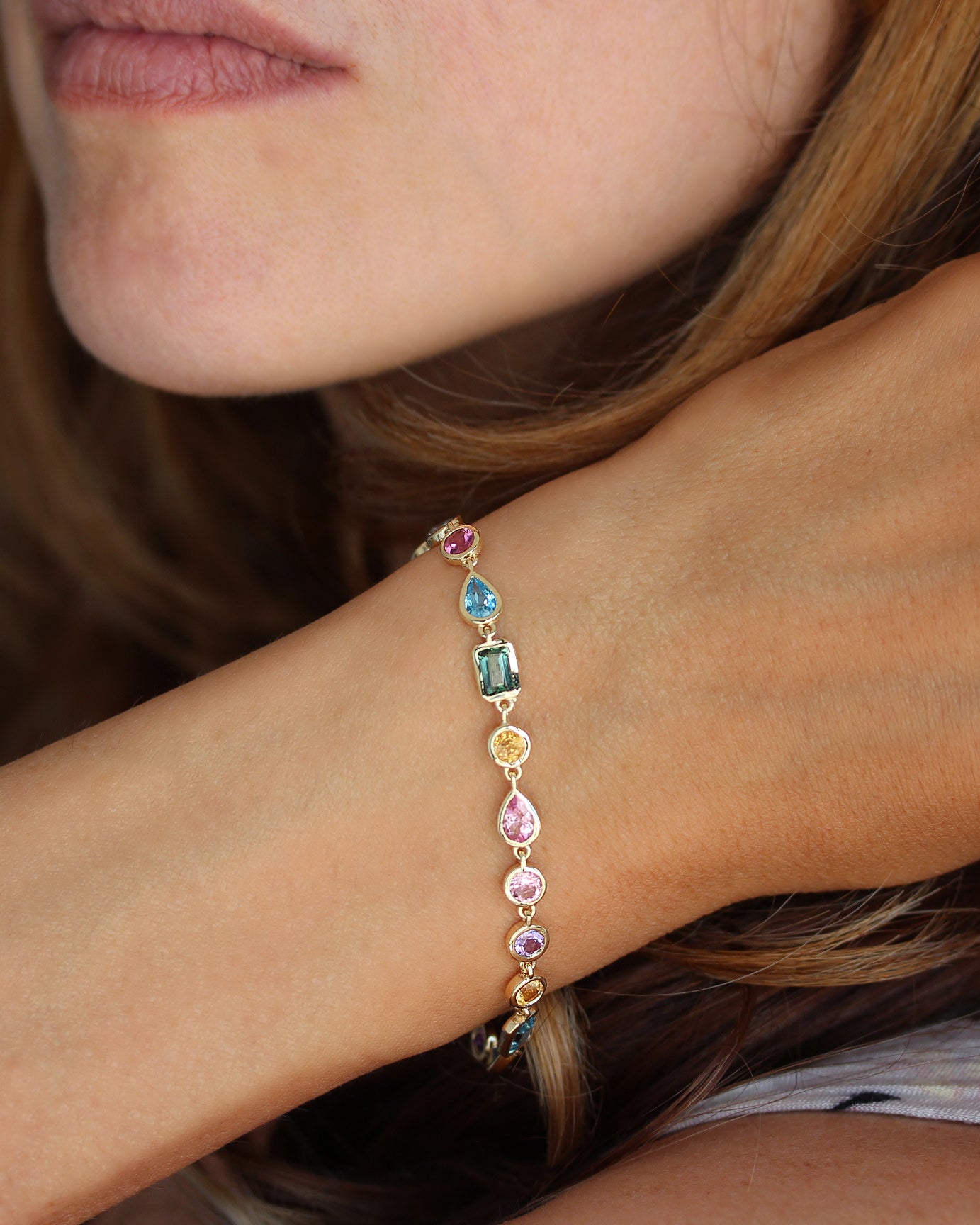 Colorful Rainbow Multi Gemstone Bezel Set Birthstone Bracelet, gemstone, colieer, bracelet, bezel setting, colorful , mixshape, mix gemstone, rainbow,  Navaratna inspired jewelry, amethyst' tourmaline' blue topaz' citrine