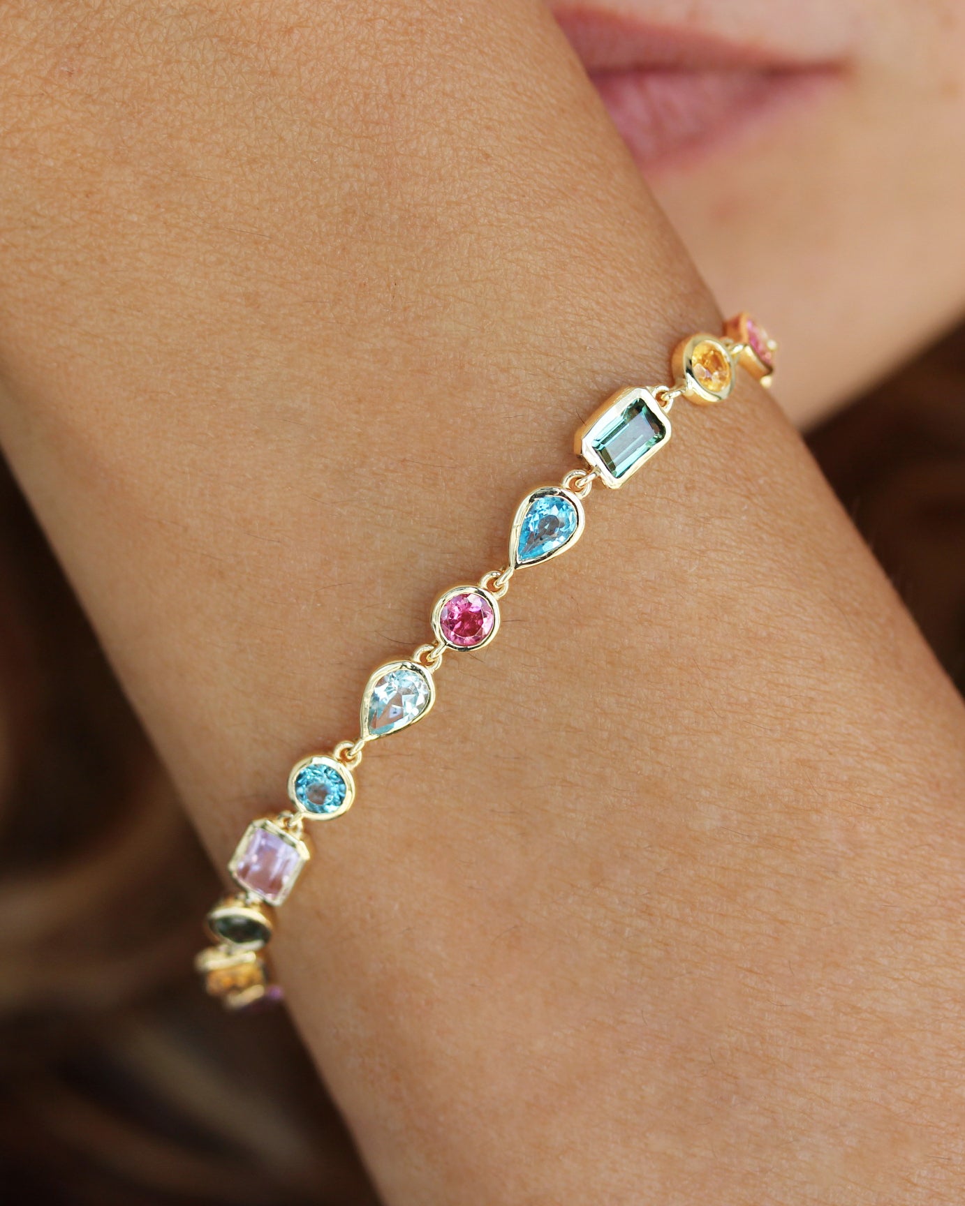 Colorful Rainbow Multi Gemstone Bezel Set Birthstone Bracelet, gemstone, colieer, bracelet, bezel setting, colorful , mixshape, mix gemstone, rainbow,  Navaratna inspired jewelry, amethyst' tourmaline' blue topaz' citrine