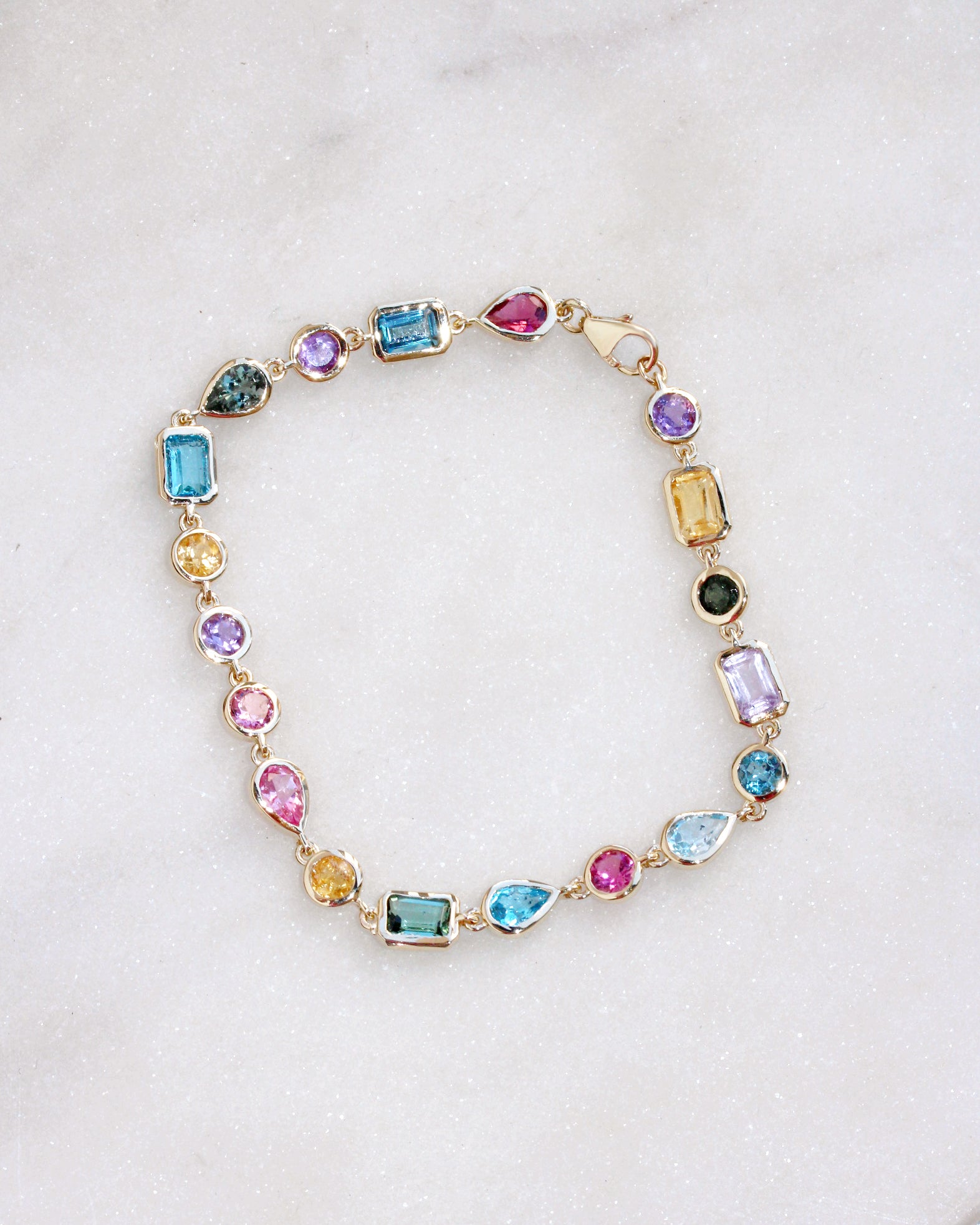 Colorful Rainbow Multi Gemstone Bezel Set Birthstone Bracelet, gemstone, colieer, bracelet, bezel setting, colorful , mixshape, mix gemstone, rainbow,  Navaratna inspired jewelry, amethyst' tourmaline' blue topaz' citrine