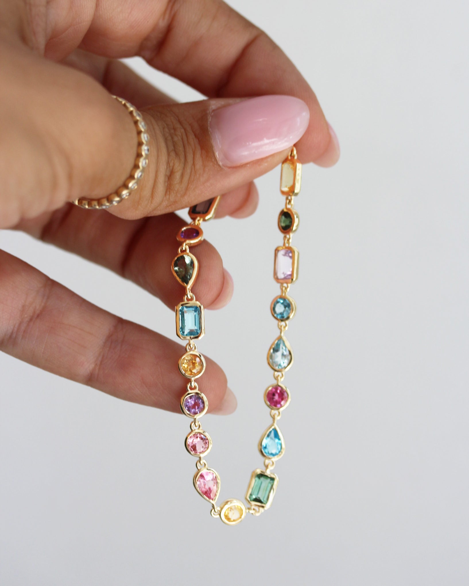 Colorful Rainbow Multi Gemstone Bezel Set Birthstone Bracelet, gemstone, colieer, bracelet, bezel setting, colorful , mixshape, mix gemstone, rainbow,  Navaratna inspired jewelry, amethyst' tourmaline' blue topaz' citrine