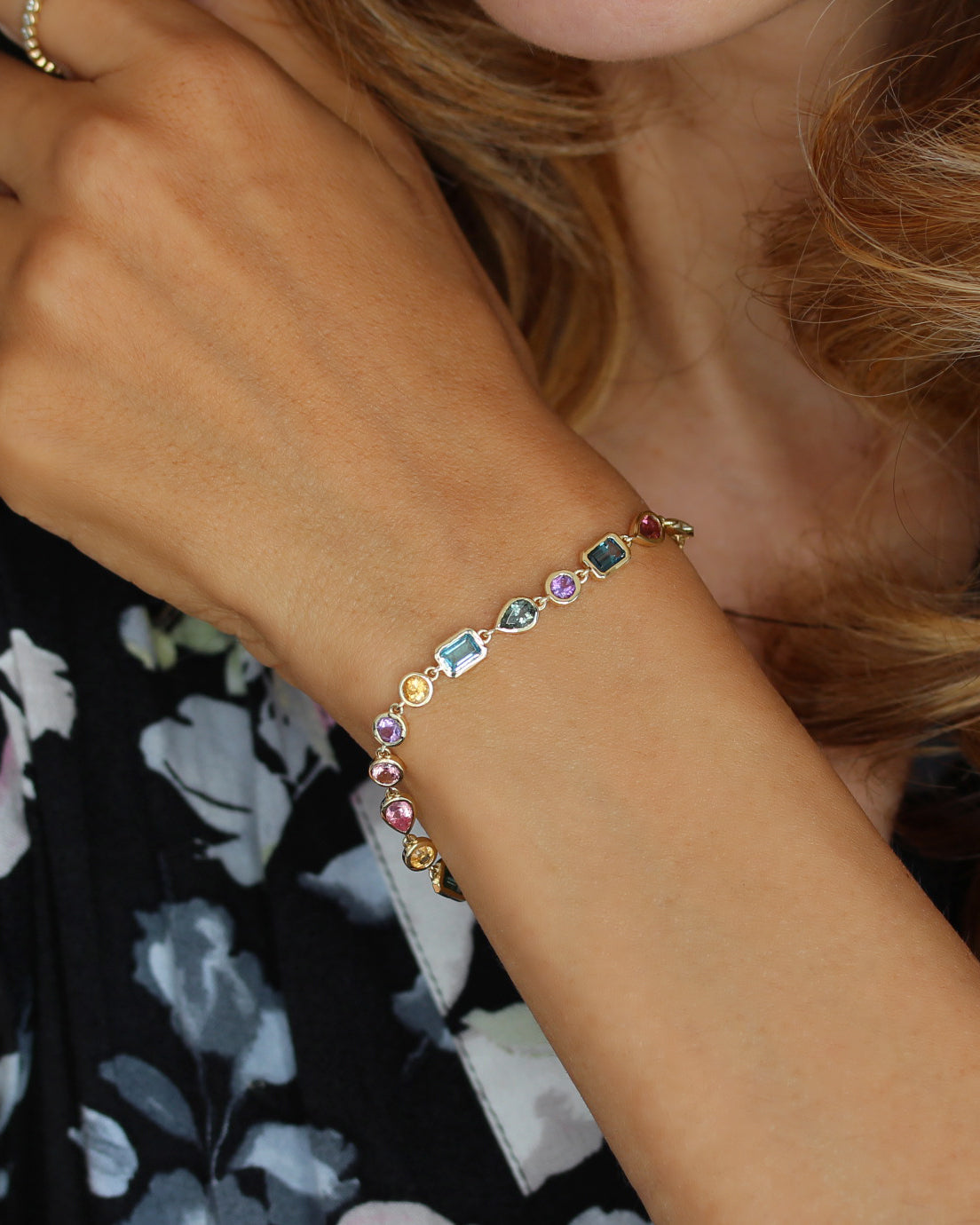 Colorful Rainbow Multi Gemstone Bezel Set Birthstone Bracelet, gemstone, colieer, bracelet, bezel setting, colorful , mixshape, mix gemstone, rainbow,  Navaratna inspired jewelry, amethyst' tourmaline' blue topaz' citrine