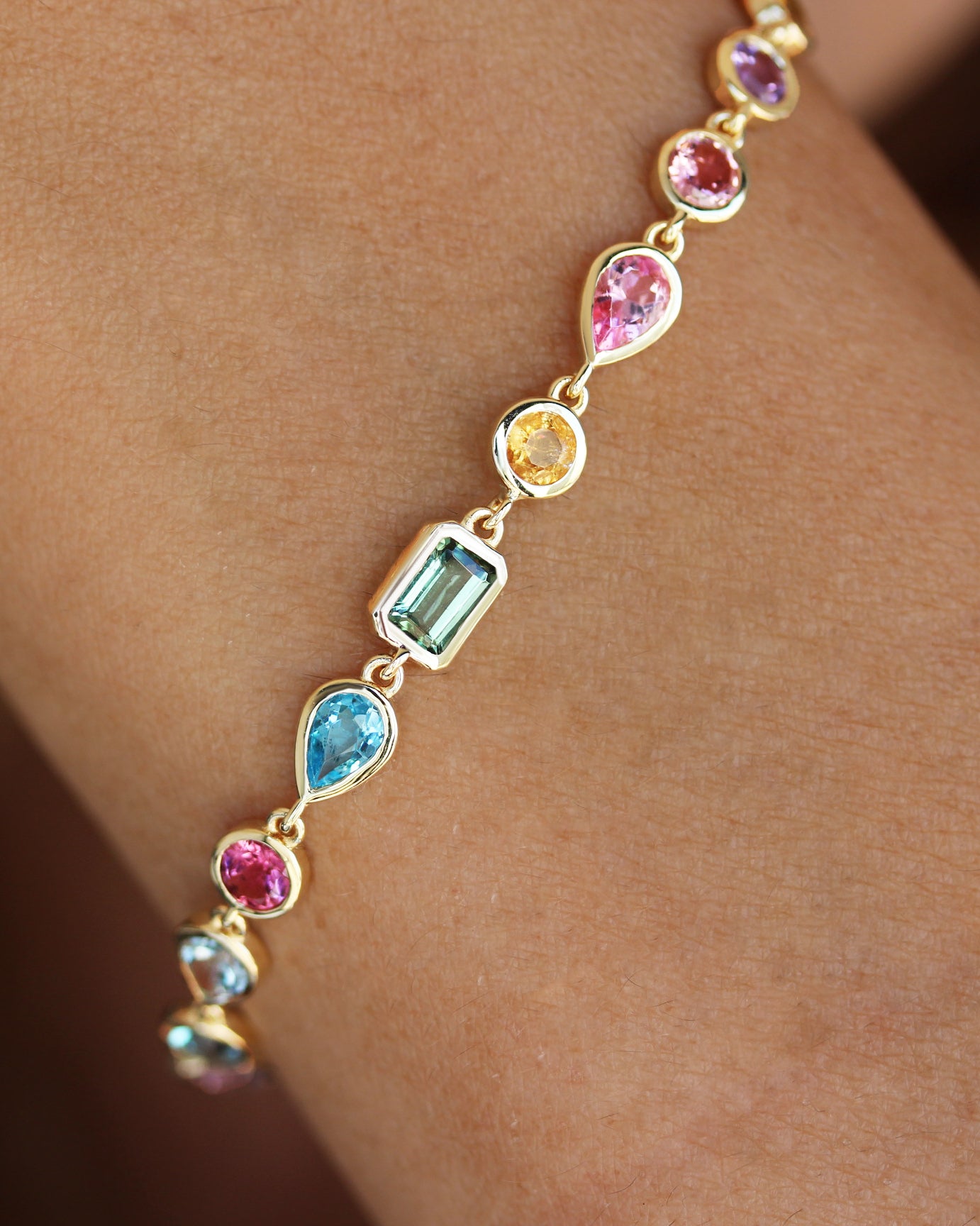 Colorful Rainbow Multi Gemstone Bezel Set Birthstone Bracelet, gemstone, colieer, bracelet, bezel setting, colorful , mixshape, mix gemstone, rainbow,  Navaratna inspired jewelry, amethyst' tourmaline' blue topaz' citrine