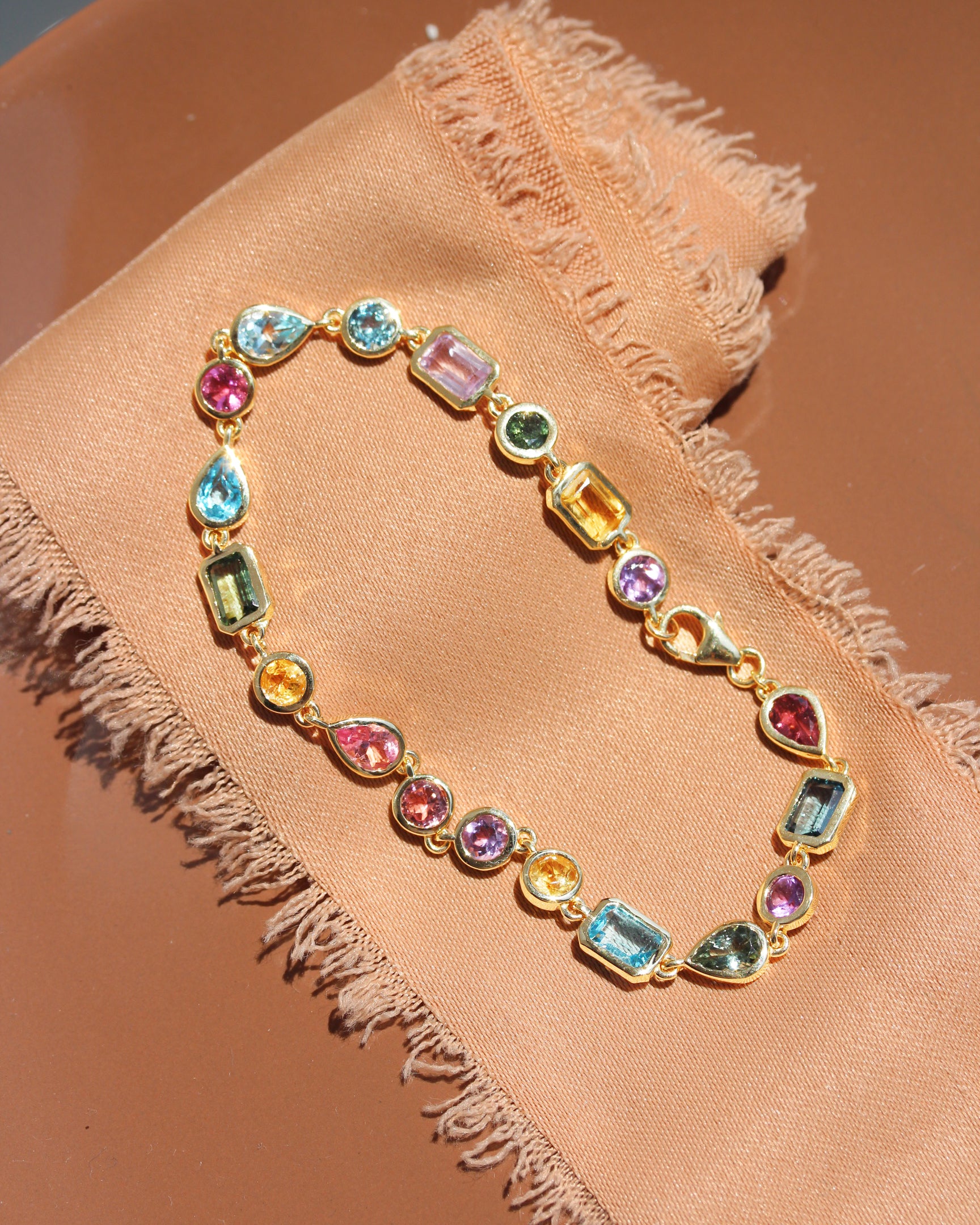 Colorful Rainbow Multi Gemstone Bezel Set Birthstone Bracelet, gemstone, colieer, bracelet, bezel setting, colorful , mixshape, mix gemstone, rainbow,  Navaratna inspired jewelry, amethyst' tourmaline' blue topaz' citrine