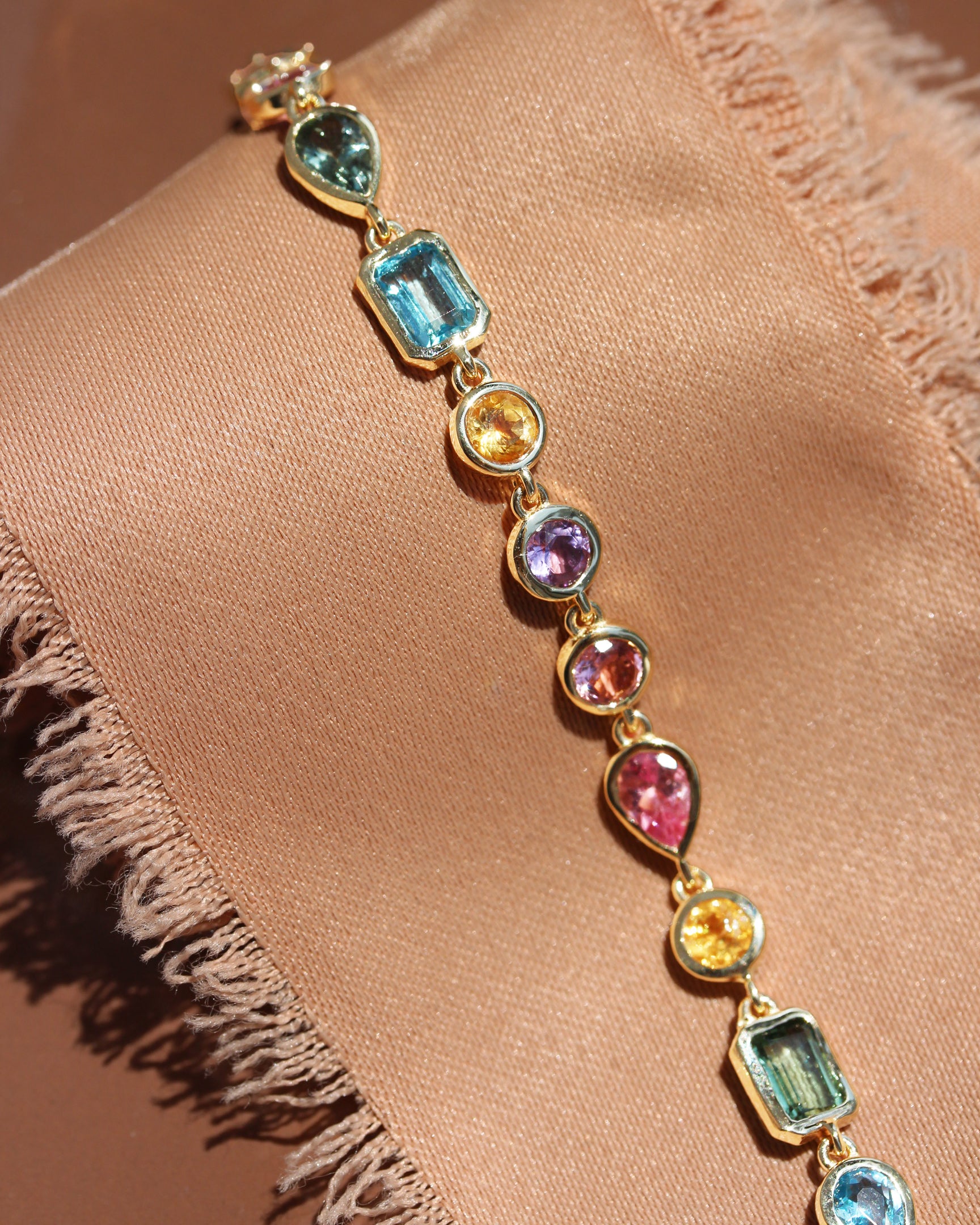 Colorful Rainbow Multi Gemstone Bezel Set Birthstone Bracelet, gemstone, colieer, bracelet, bezel setting, colorful , mixshape, mix gemstone, rainbow,  Navaratna inspired jewelry, amethyst' tourmaline' blue topaz' citrine