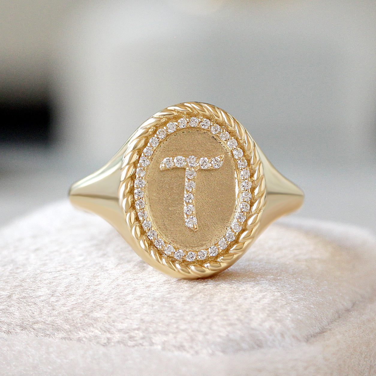 Custom Signet Ring Diamond Initial Ring