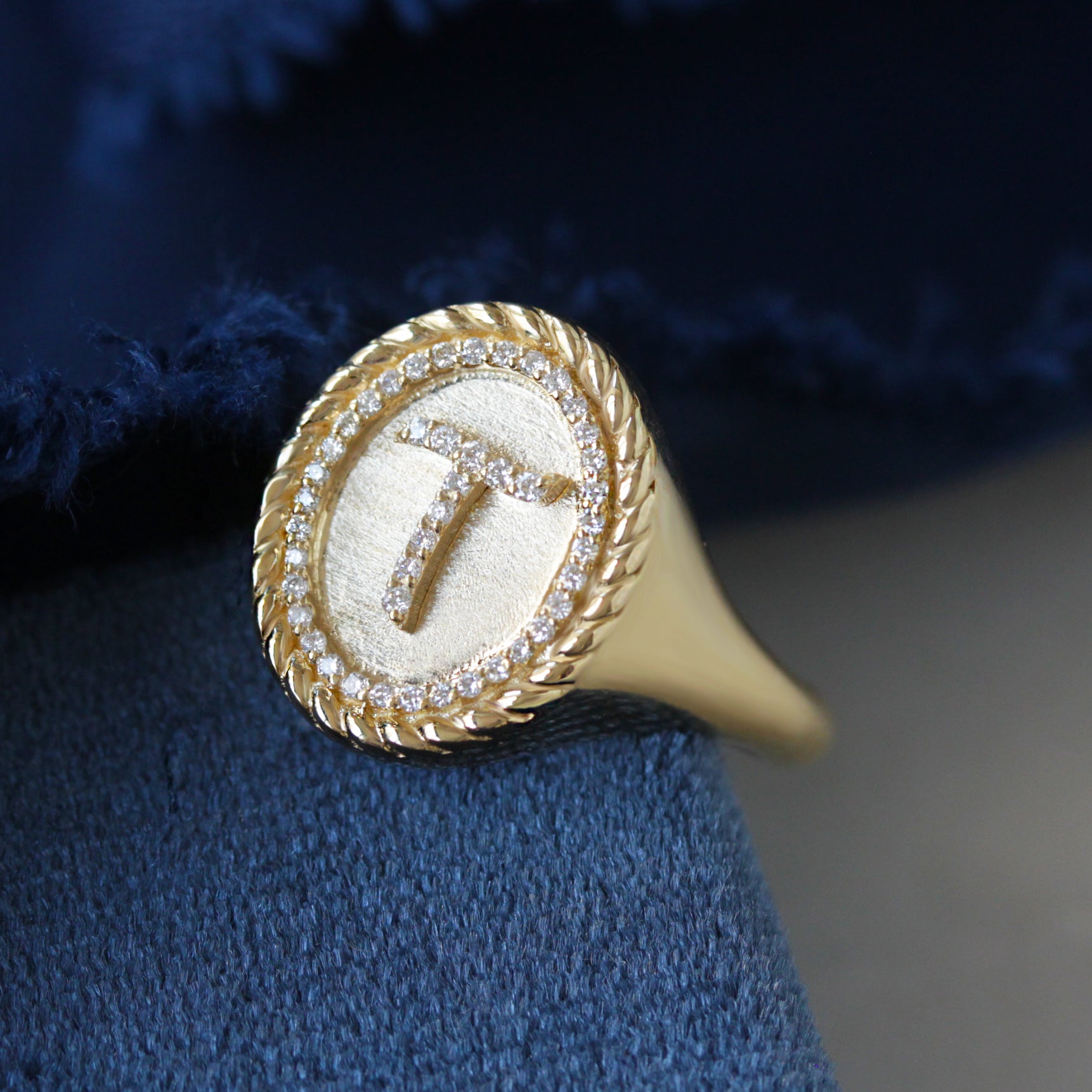 Custom Signet Ring Diamond Initial Ring