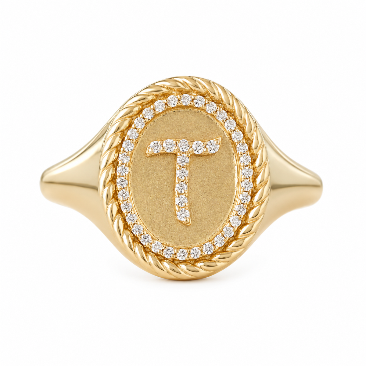 oval signet initial diamond ring yellow gold
