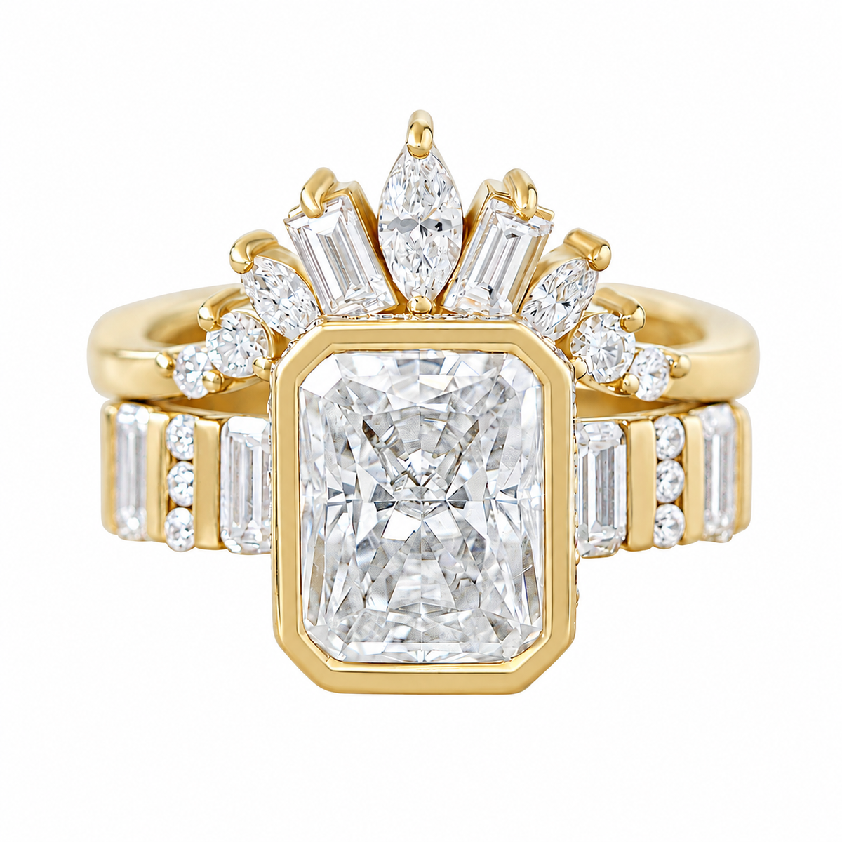 2ct Radiant Diamond Bezel Set with Hidden Halo and Baguette Shank Engagement Ring Urban with Matching Art Deco Nesting Ring Ally V
