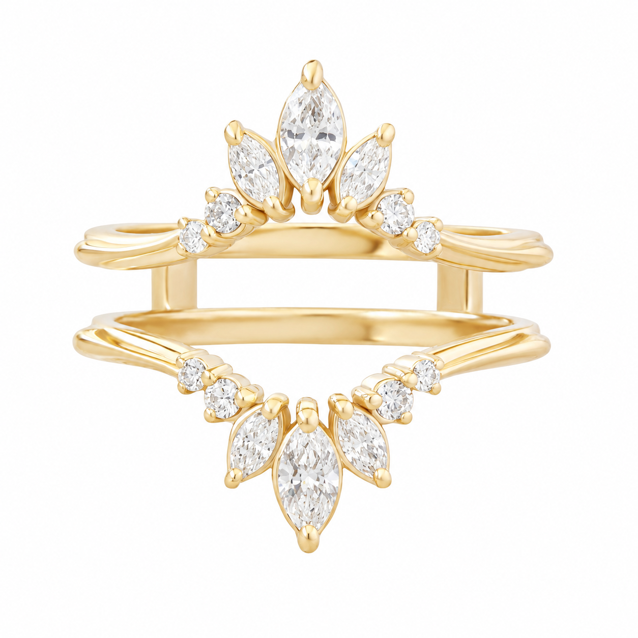A gold-colored diamond ring guard enhancer with multiple sparkling stones set on a band.