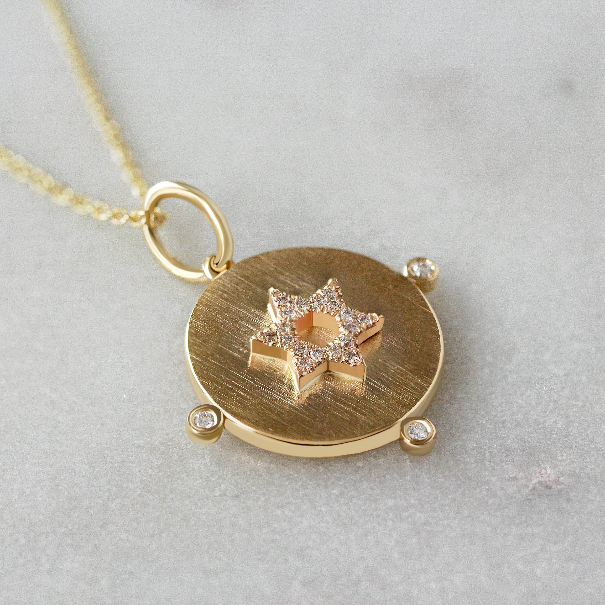 DavidStar_MagenDavidRoundDiscCoinPendant,yellow gold, diamonds, star of david, gold chain