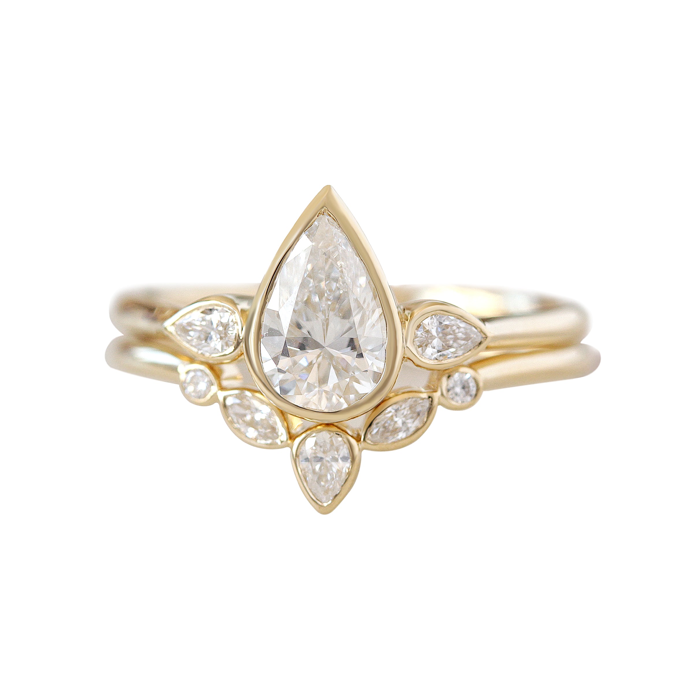 Delicate Pear Diamond Ring Set, Baby Safe All Bezel Comfortable Ring Set