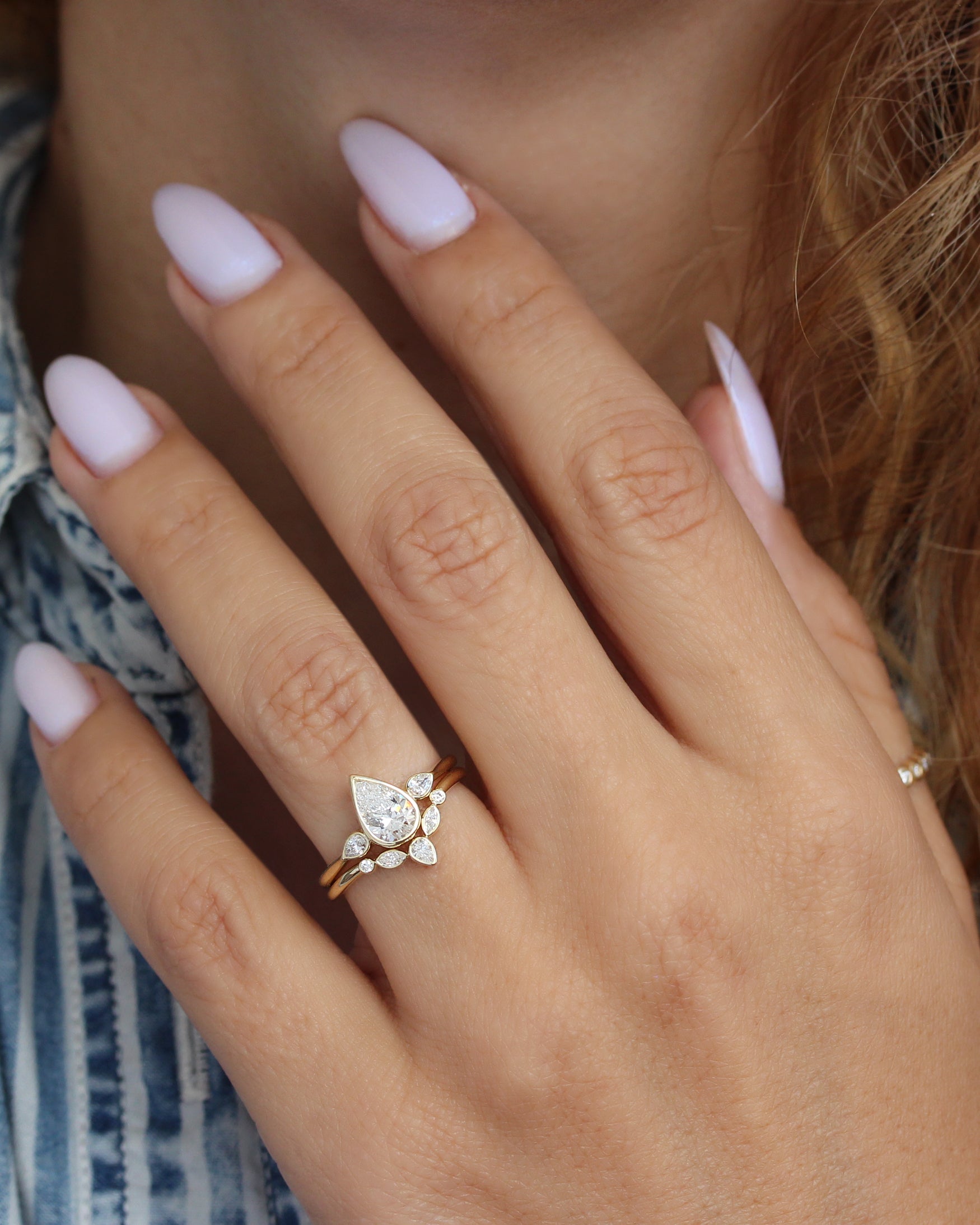 Delicate Pear Diamond Ring Set, Baby Safe All Bezel Comfortable Ring Set