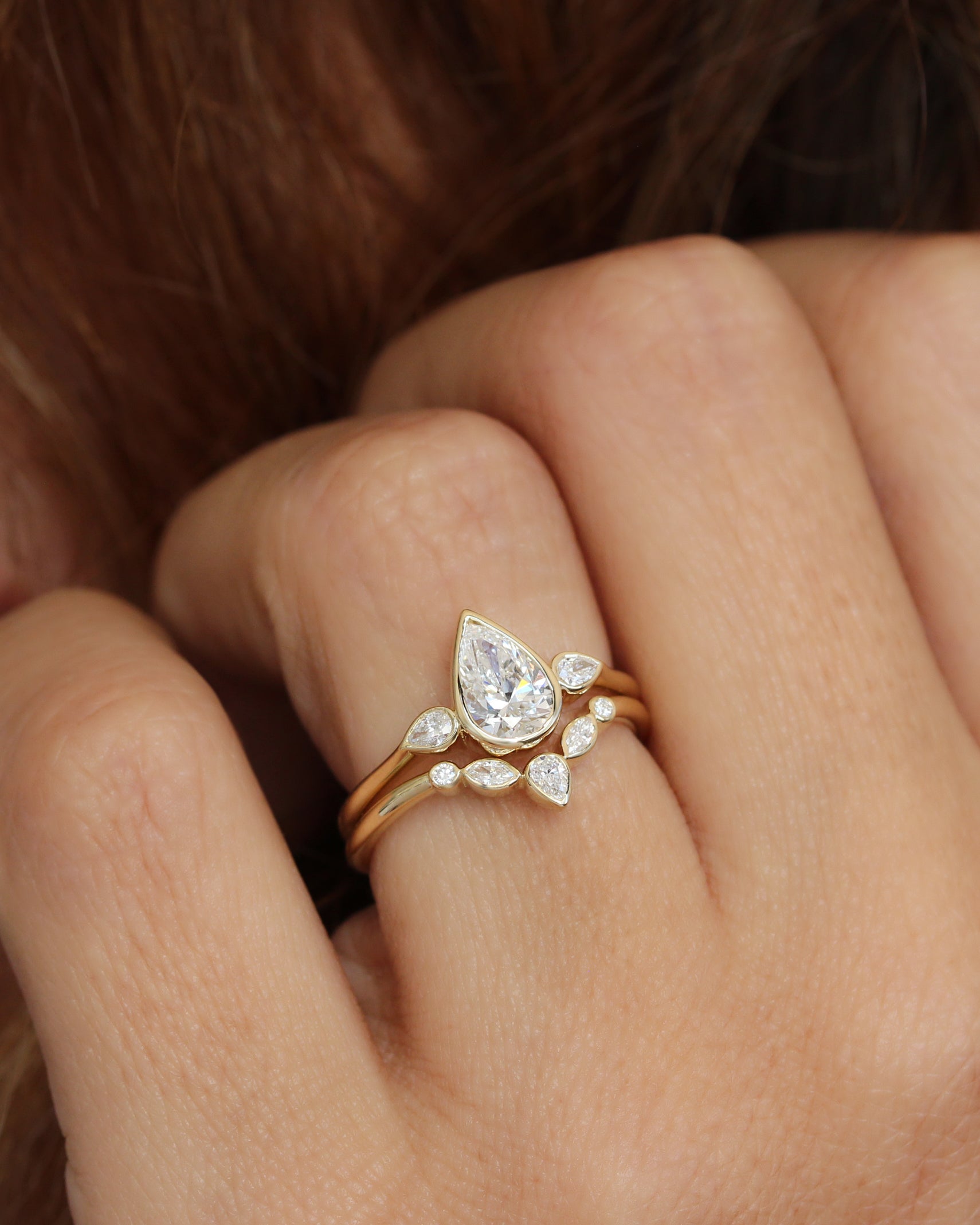 Delicate Pear Diamond Ring Set, Baby Safe All Bezel Comfortable Ring Set, bezel set, pear diamond, two ring set