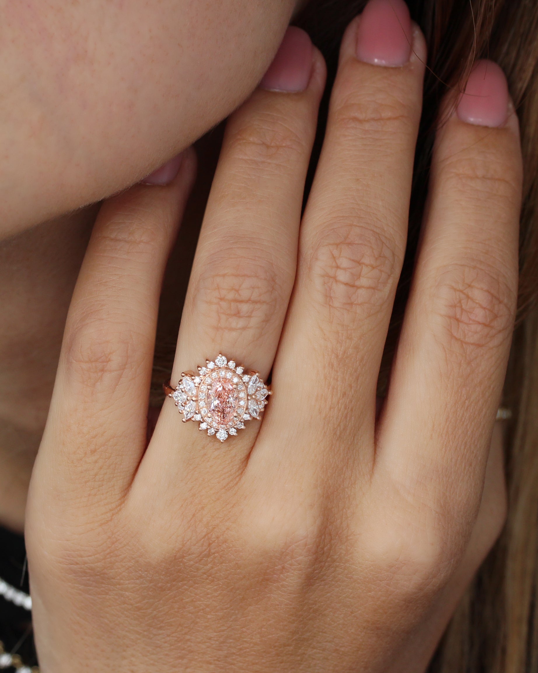 Double Halo 1CT Oval Pink Lab Diamond Unique Engagement Ring Monaco, oval pink lab diamond 1ct, double halo statement engagement ring, sweet, romantic, anniversary ring