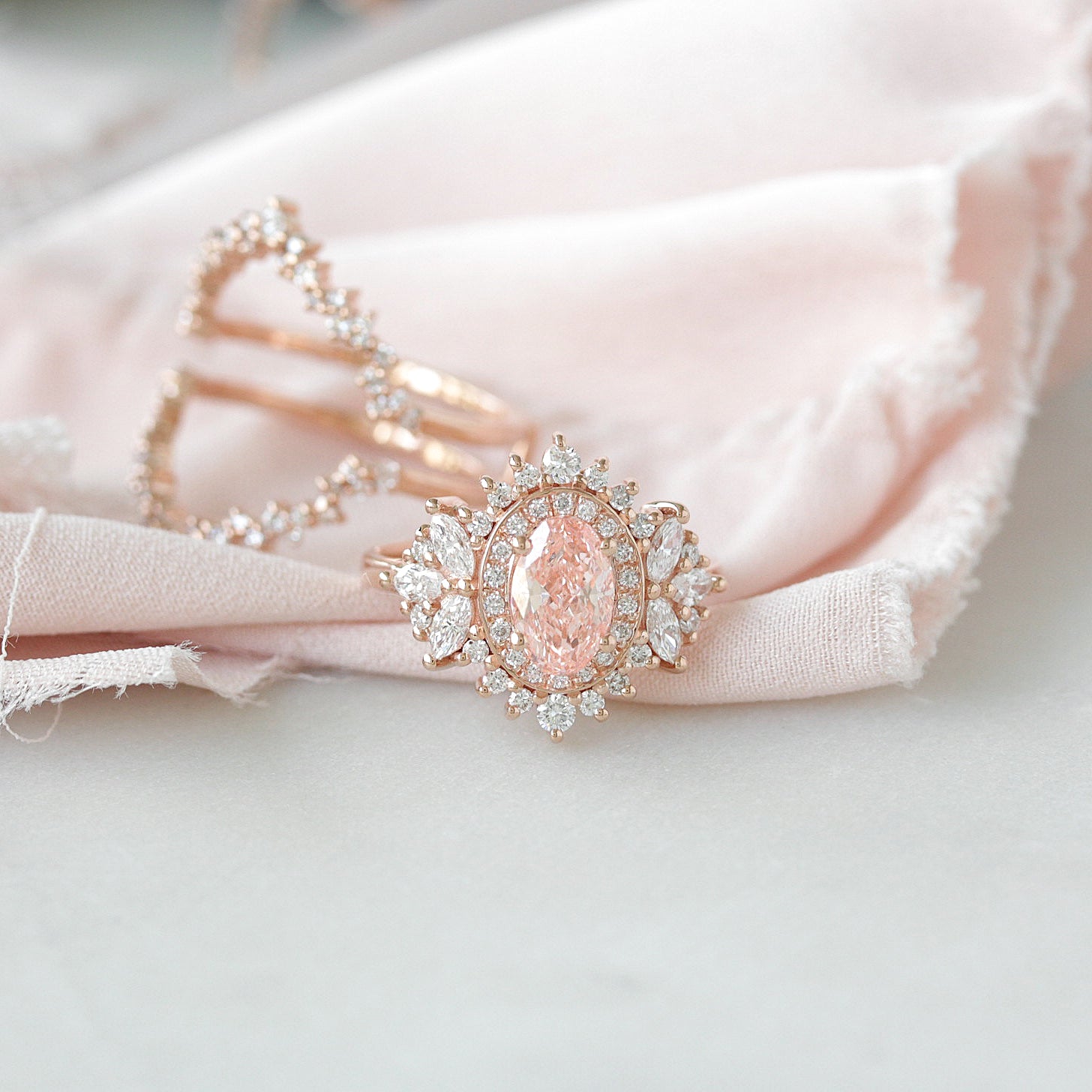Double Halo 1CT Oval Pink Lab Diamond Unique Engagement Ring Monaco, oval pink lab diamond 1ct, double halo statement engagement ring, sweet, romantic, anniversary ring