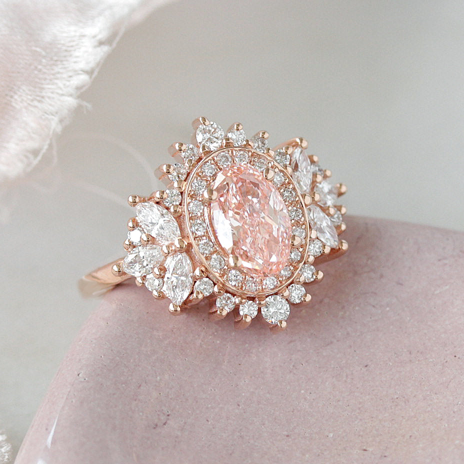 Double Halo 1CT Oval Pink Lab Diamond Unique Engagement Ring Monaco, oval pink lab diamond 1ct, double halo statement engagement ring, sweet, romantic, anniversary ring