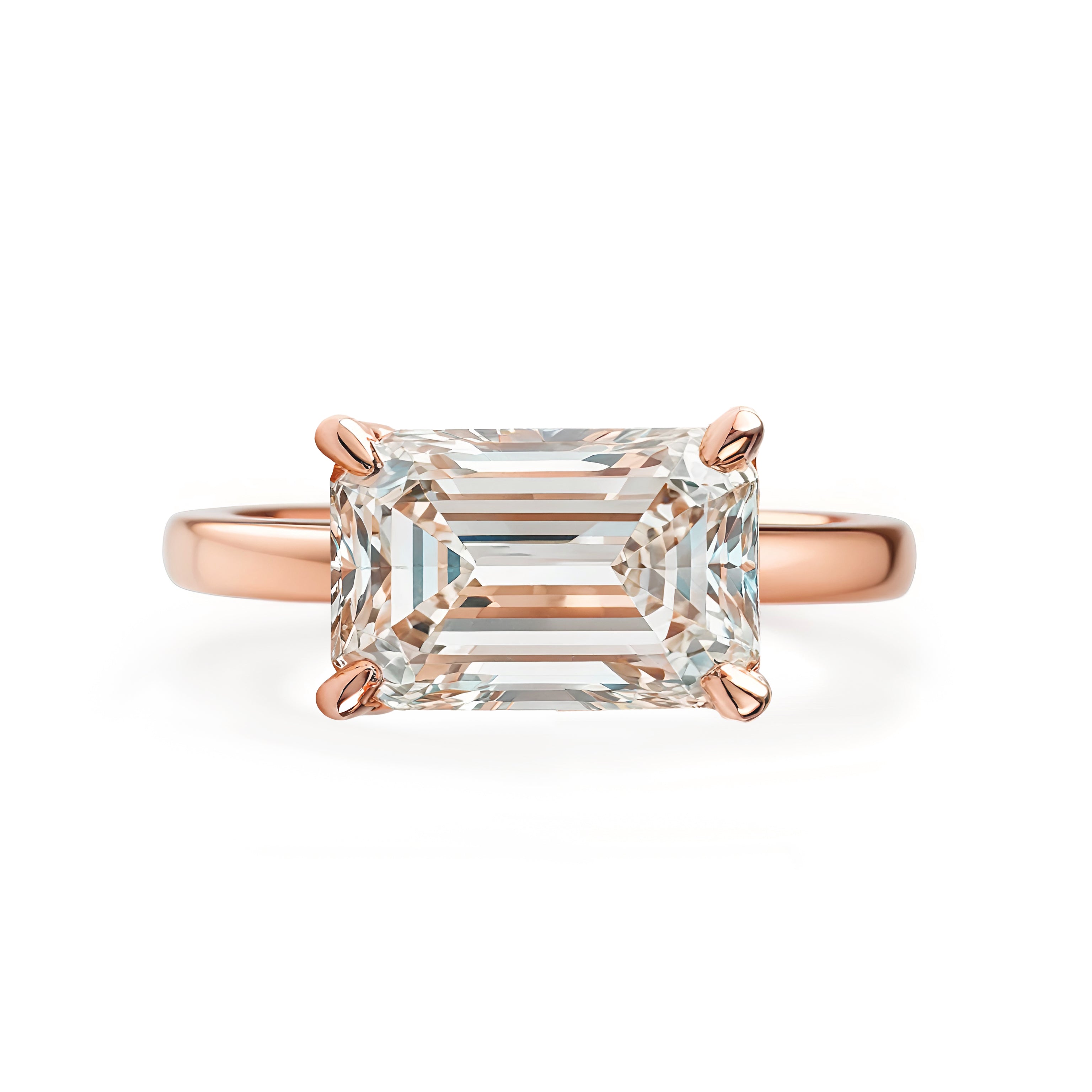 East West Emerald Cut 1CT/ 2CT / 3CT / 4CT/ 5CT Solitaire Diamond Engagement Ring 2mm Band 14K Gold, Arya