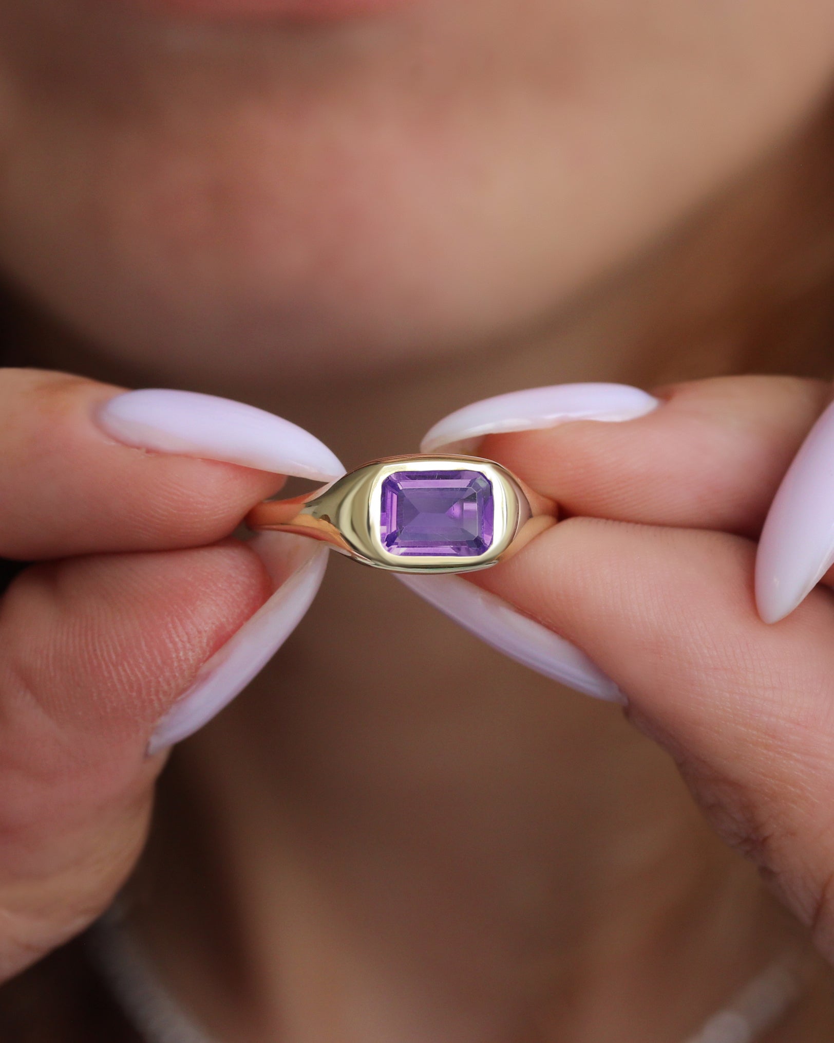 East West Bezel Set Amethyst Signet Ring - Modern Chunky Ring, amethyst ring, birthstone ring, February birthstone, east west setting, signet ring, bold gold ring, chunky ring, unisex ring, men ring, pinky ring