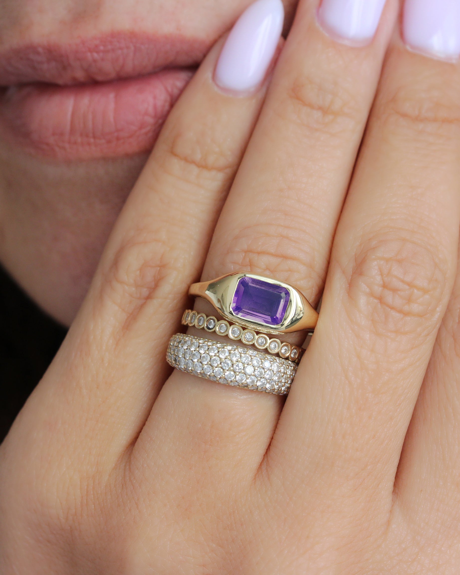 East West Bezel Set Amethyst Signet Ring - Modern Chunky Ring, amethyst ring, birthstone ring, February birthstone, east west setting, signet ring, bold gold ring, chunky ring, unisex ring, men ring, pinky ring