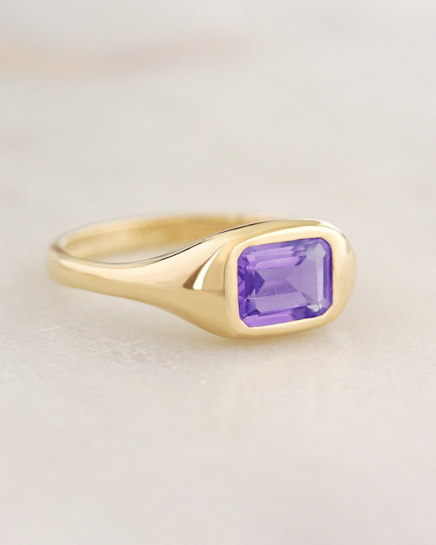 East West Bezel Set Amethyst Signet Ring - Modern Chunky Ring, amethyst ring, birthstone ring, February birthstone, east west setting, signet ring, bold gold ring, chunky ring, unisex ring, men ring, pinky ring