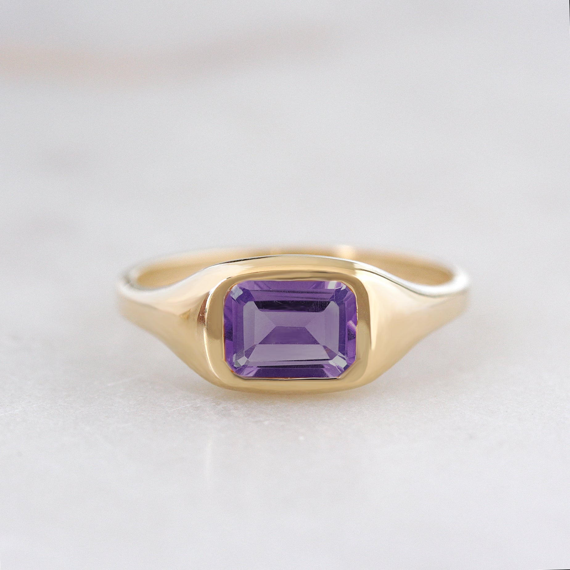 East West Bezel Set Amethyst Signet Ring - Modern Chunky Ring, amethyst ring, birthstone ring, February birthstone, east west setting, signet ring, bold gold ring, chunky ring, unisex ring, men ring, pinky ring