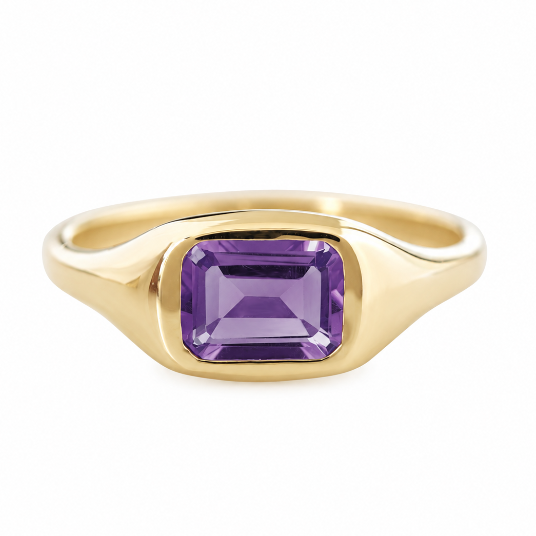 East West Emerald cut Amethyst Signet Solitaire Ring  