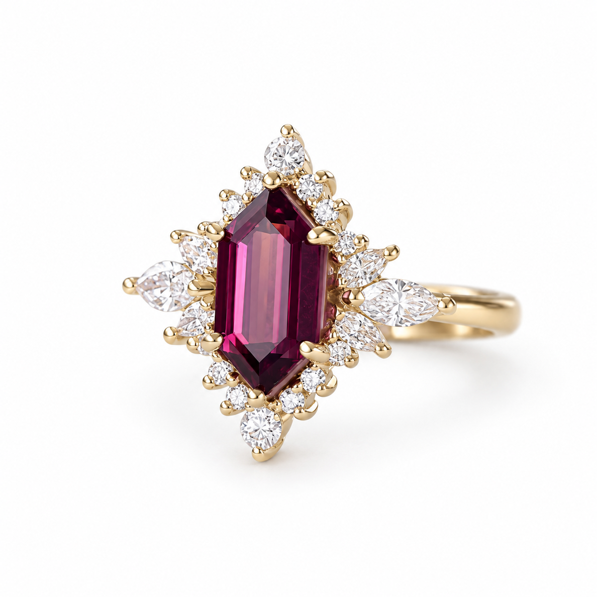 Elongated Hexagon Rhodolite and Diamond Halo Gemstone Engagement Ring, Nora