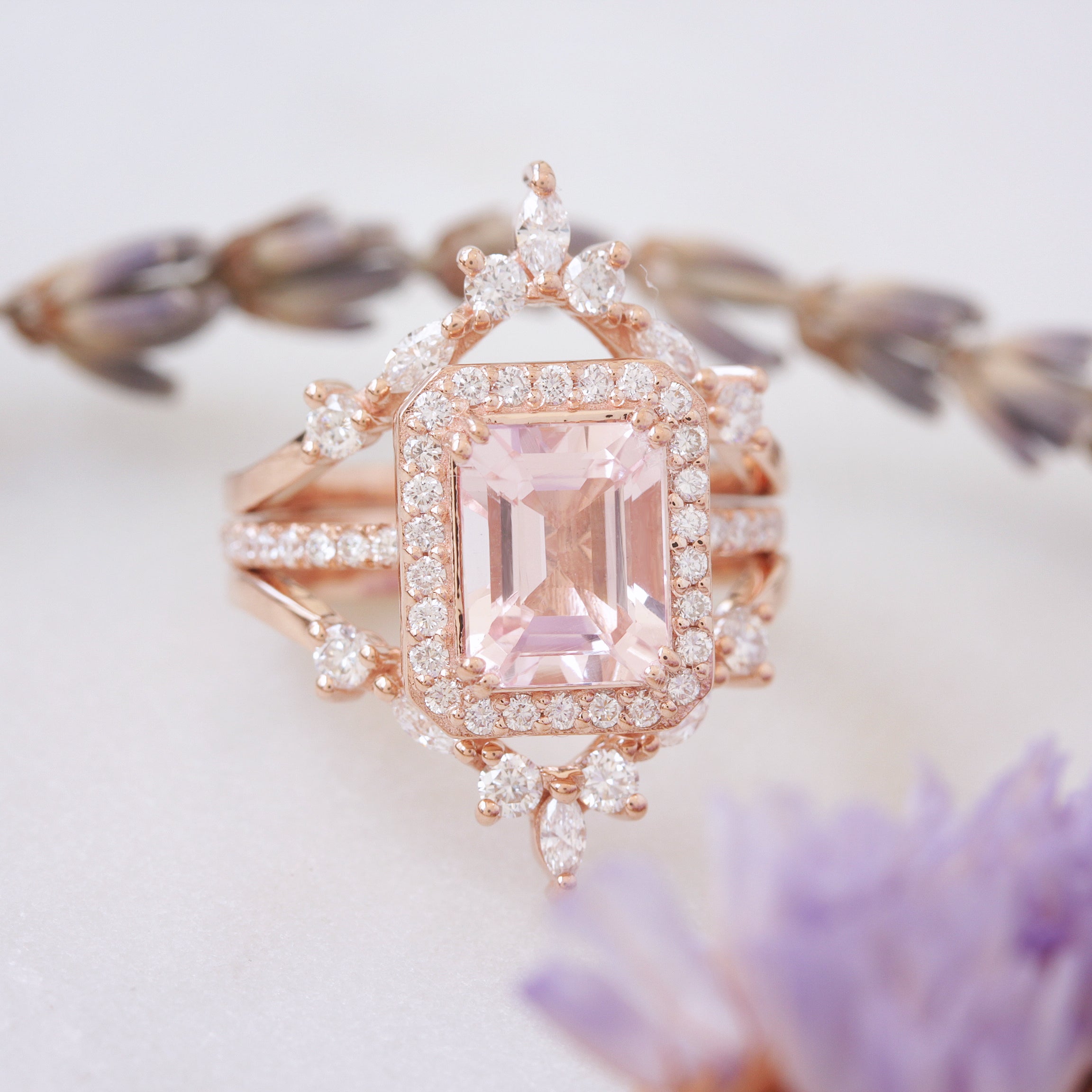 Emerald Cut Morganite & Diamond Halo Bridal Ring Set - Naomi