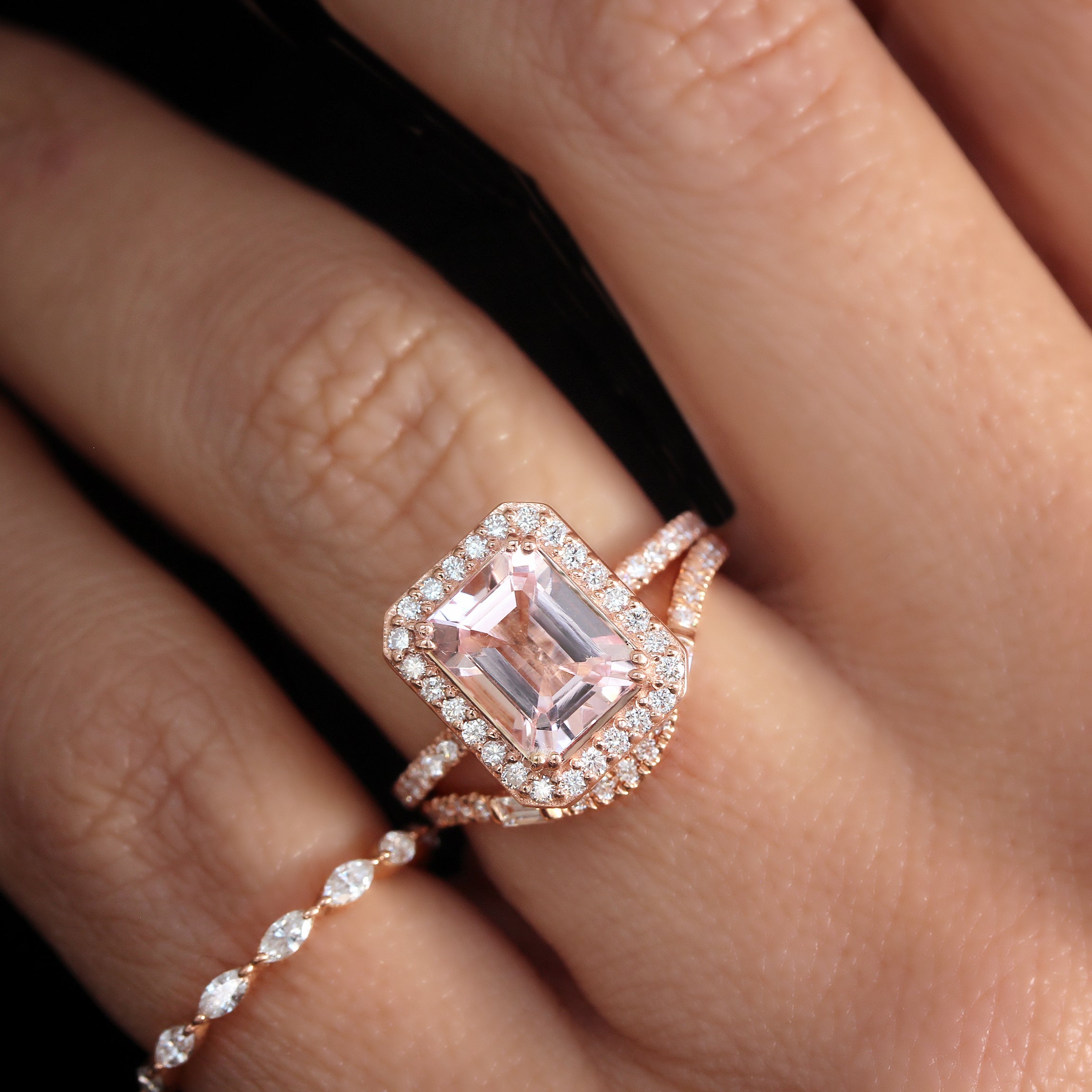 Emerald Cut Morganite & Diamond Halo Bridal Ring Set - Naomi