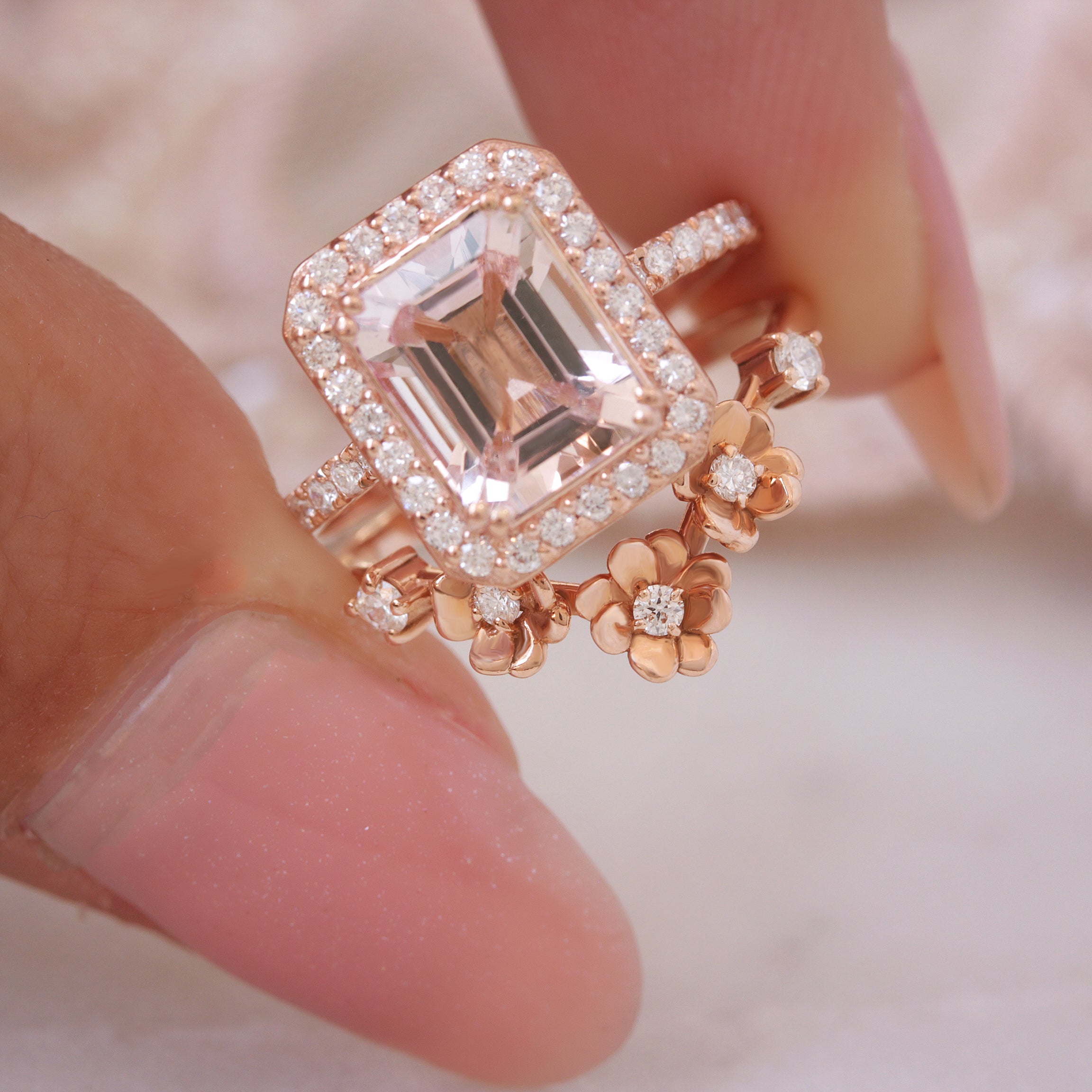 Emerald Cut Morganite & Diamond Halo Bridal Ring Set - Naomi
