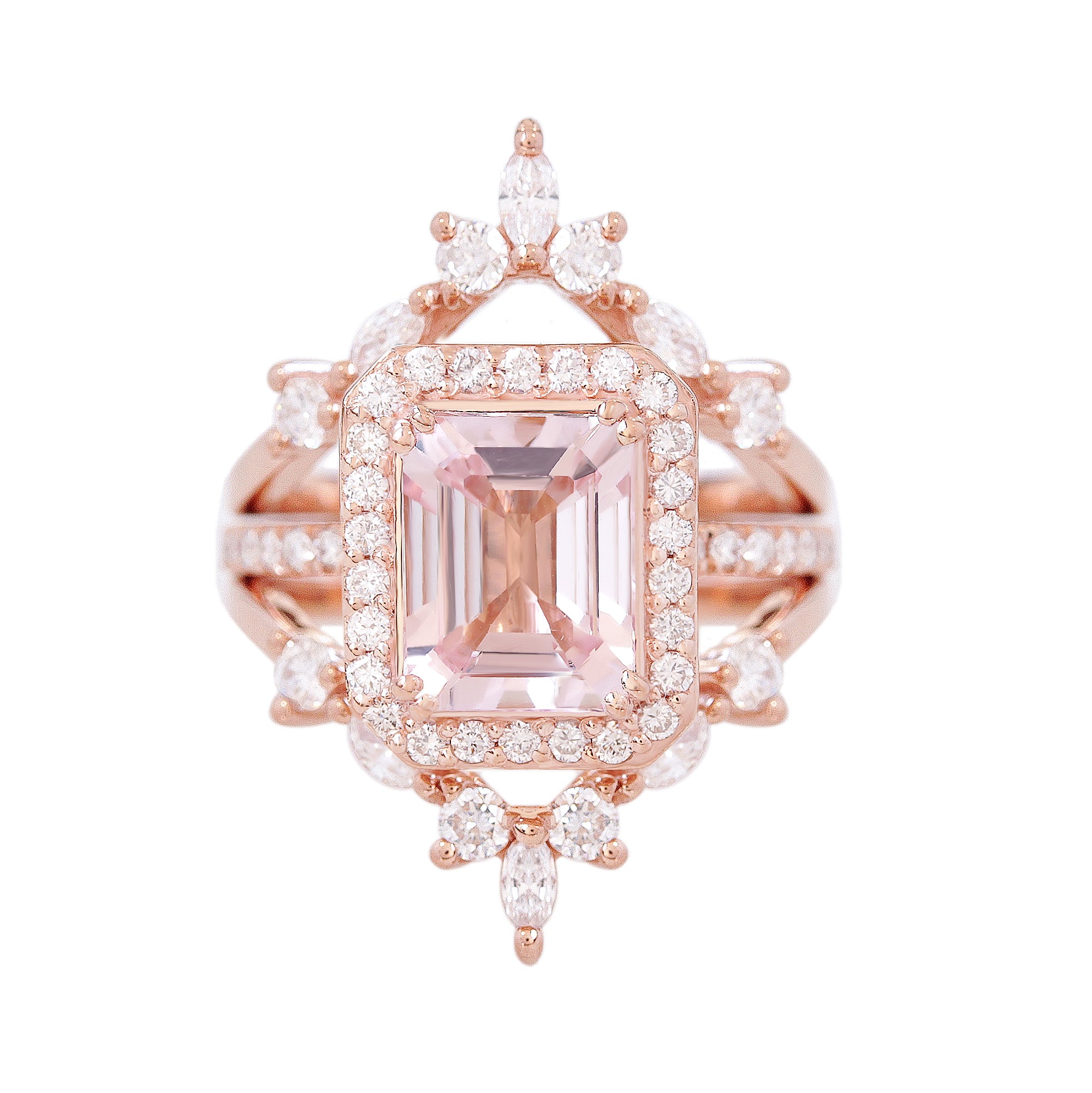 Emerald Cut Morganite & Diamond Halo Bridal Ring Set - Naomi