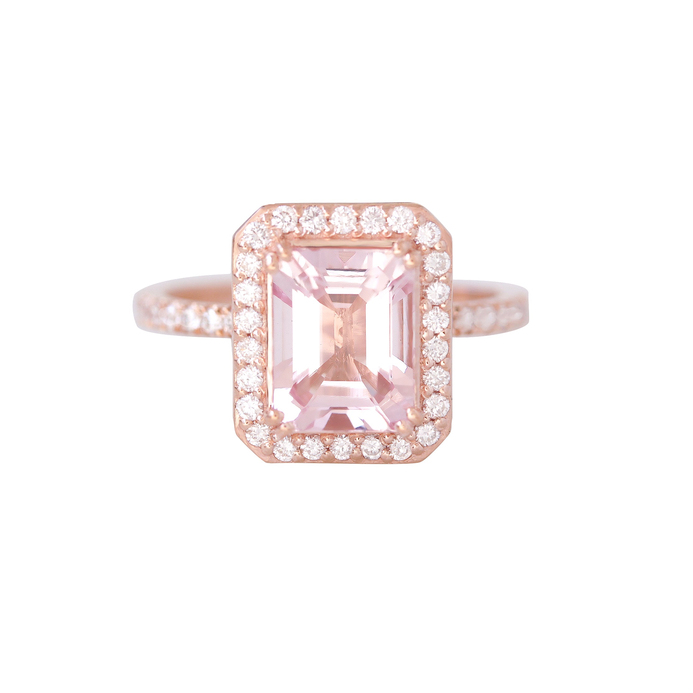 Emerald Cut Morganite & Diamond Halo Bridal Ring Set - Naomi