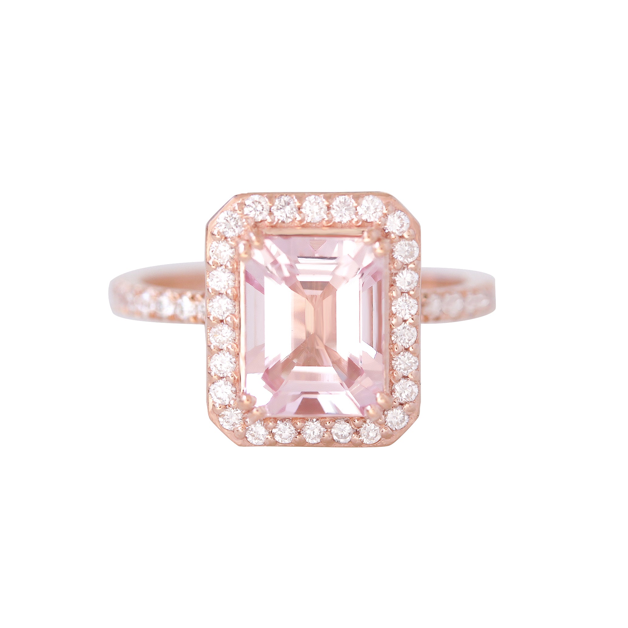 A ring with a emerald cut morganite center stone surrounded by smaller natural diamonds set in a gold band.
