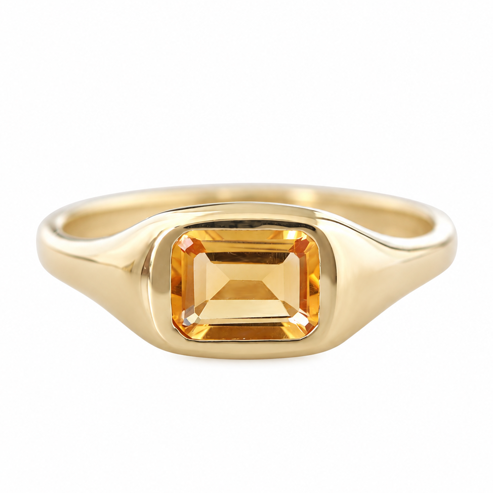 Emerald Cut Citrine East West Bezel Se Signet Solitaire Ring