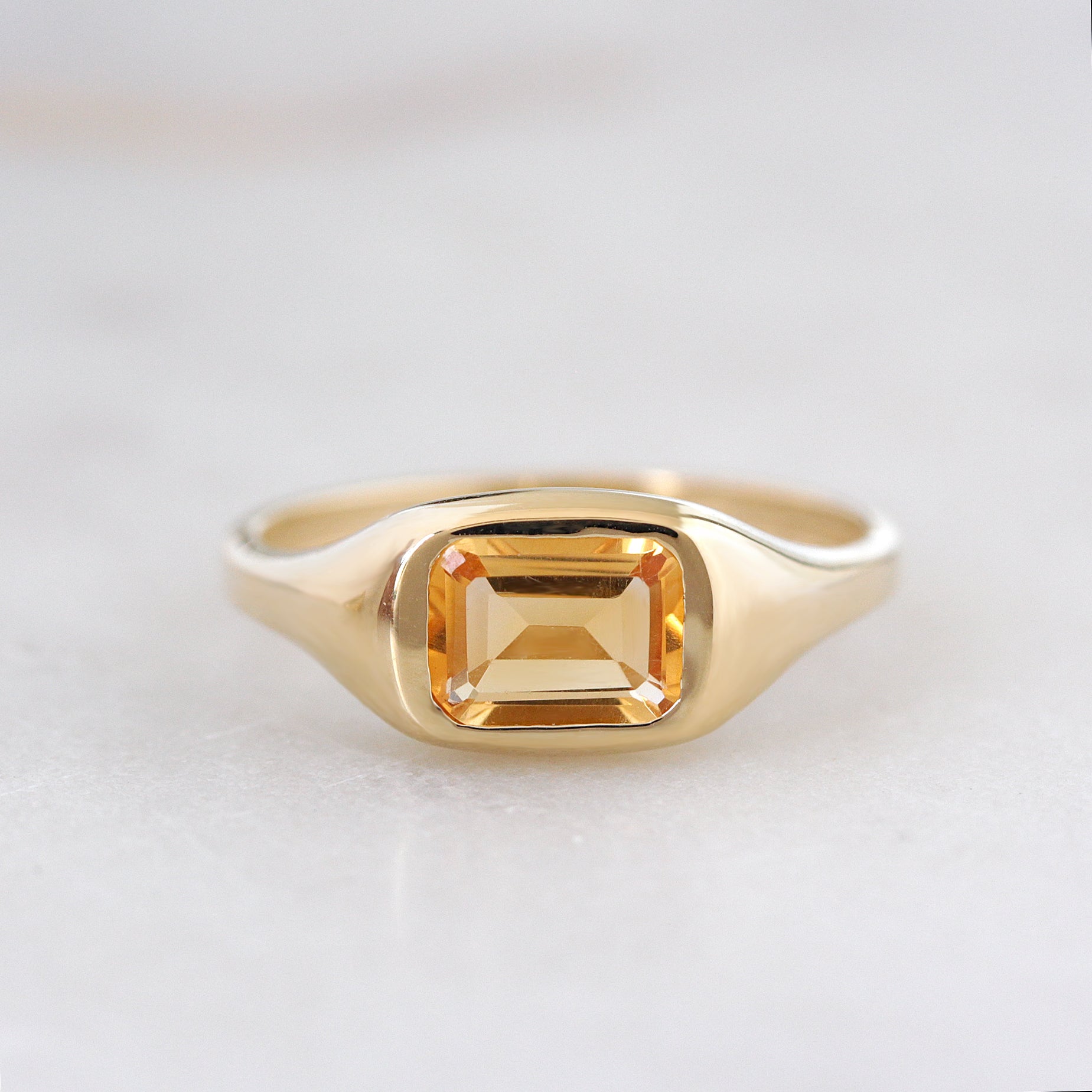 Emerald Cut Citrine Signet Ring – East West Bezel Set Chunky Gold Statement Ring, citrine ring, birthstone ring,  November birthstone, east west setting, signet ring, bold gold ring, chunky ring, unisex ring, men ring, pinky ring