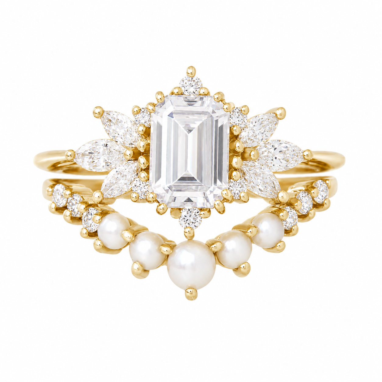 Emerald Cut Diamond Engagement Ring "Spark" and Pearls & Diamonds Wedding V-Band yellow gold