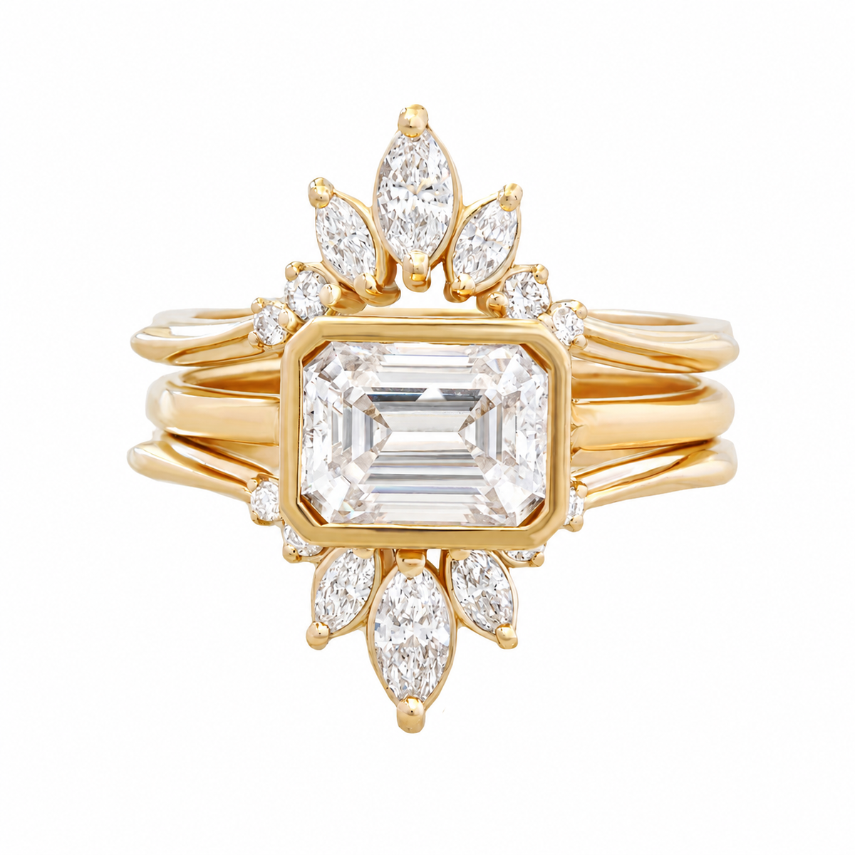 Emerald Cut Solitaire Bezel Set East West Diamond Engagement Ring With Ring Guard, Bridal Two Rings Set "Jade" & "Danielle"