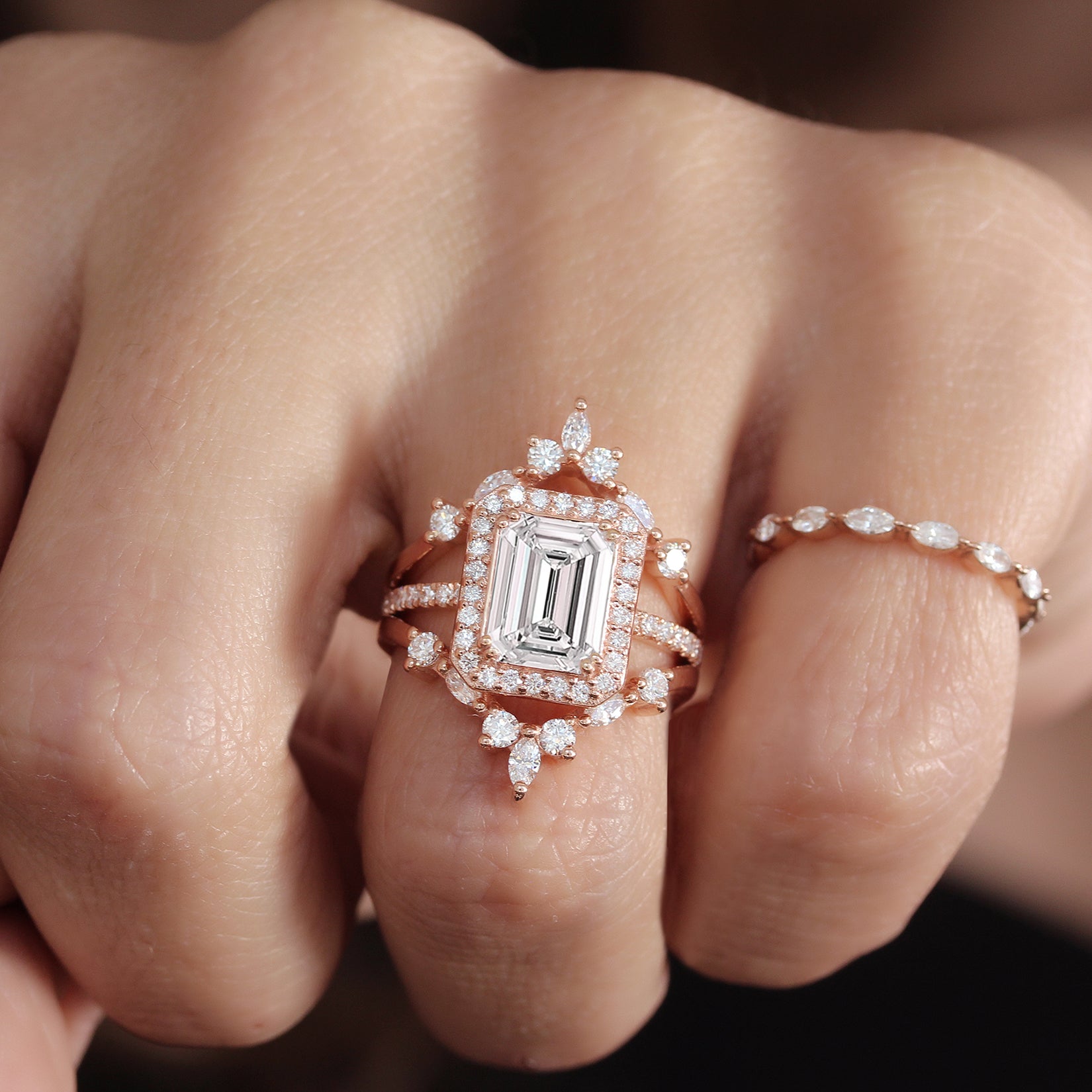 Emerald Cut Diamond & Diamond Halo Bridal Ring Set .  Naomi