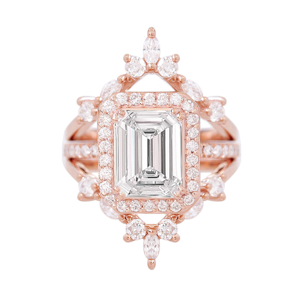 Emerald Cut Diamond & Diamond Halo Bridal Ring Set .  Naomi