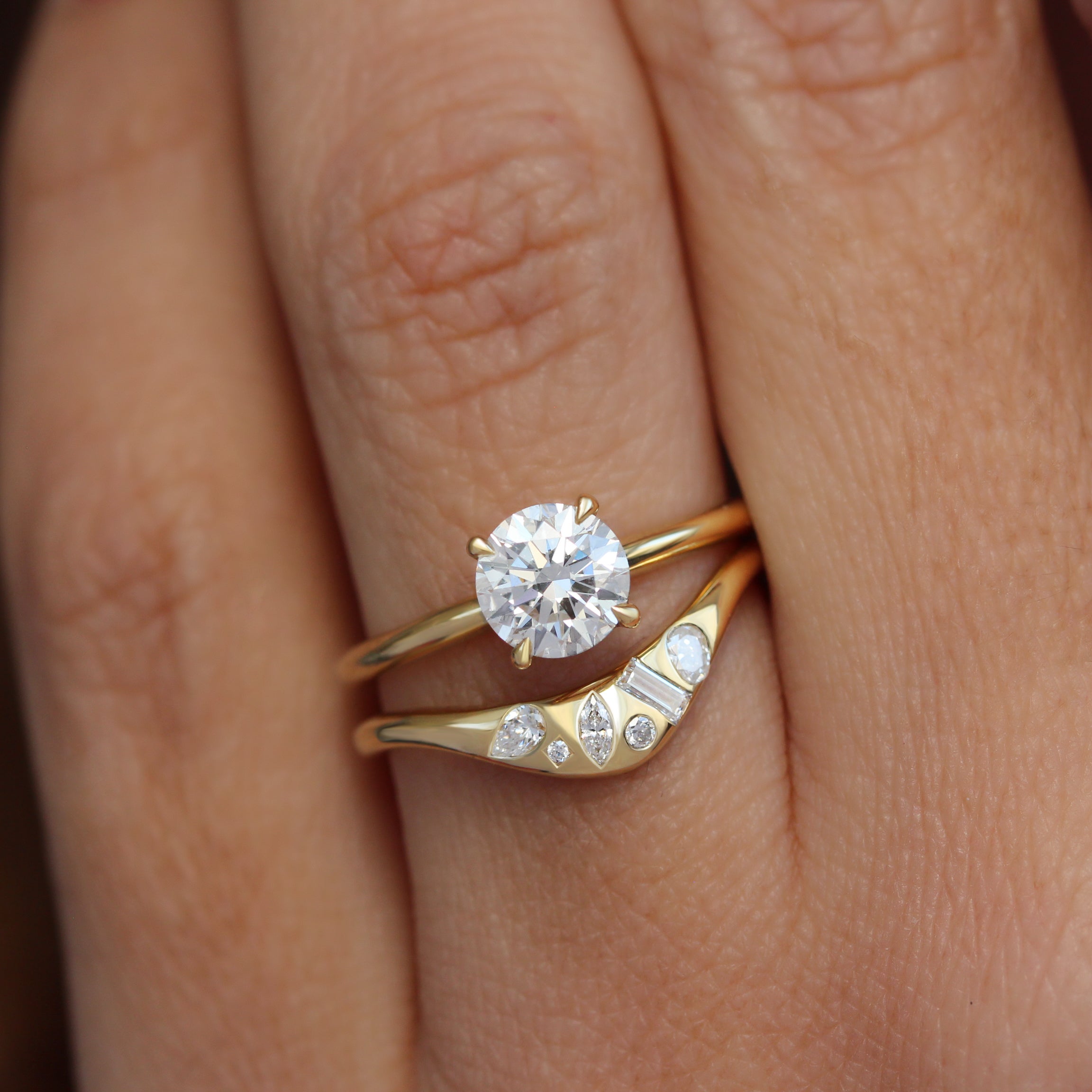 Engagement Ring Set - Round Diamond Solitaire 1ct "Arya" with Matching Mix Shape Natural Diamonds Curved Gold Wedding Nesting Ring "Melody"