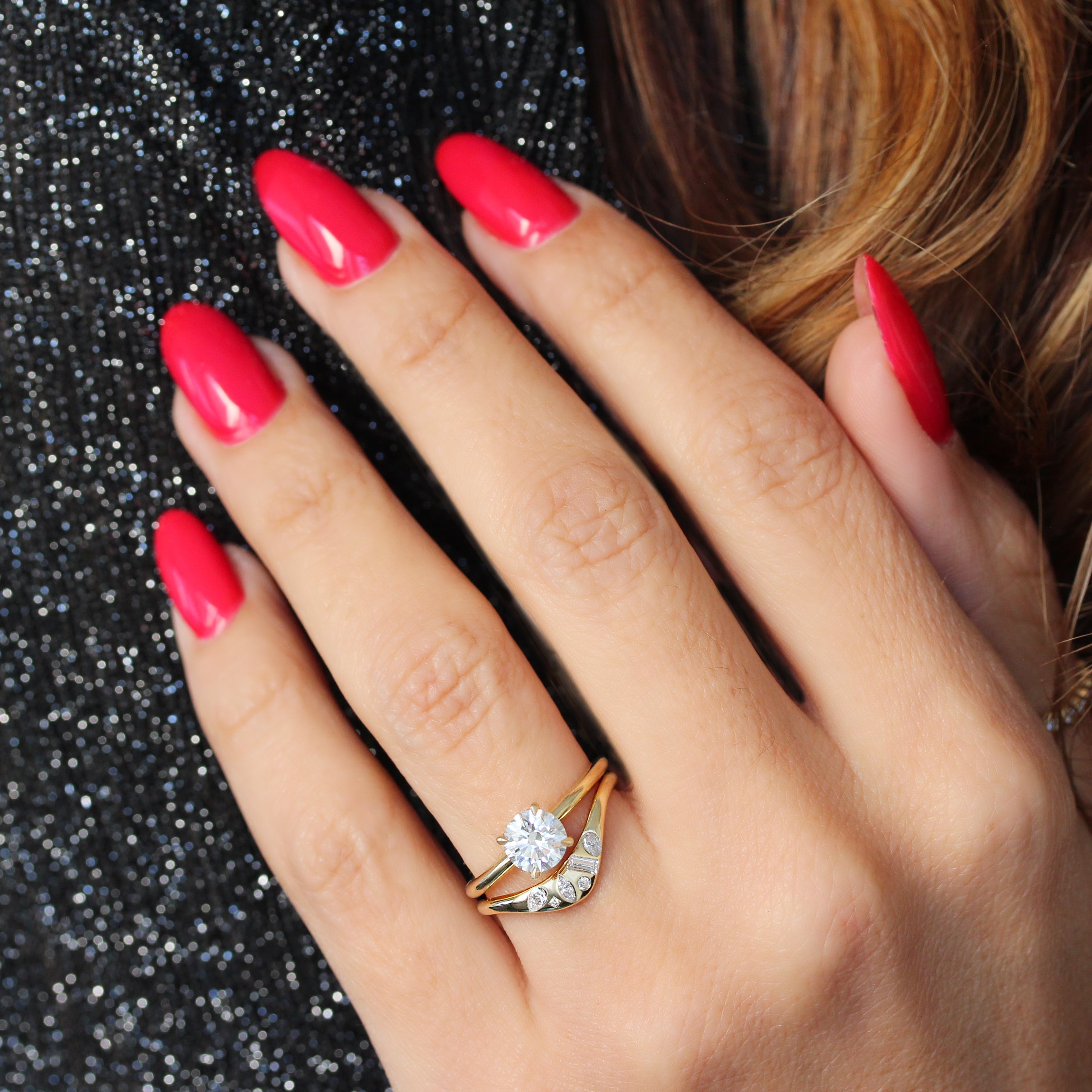 Engagement Ring Set - Round Diamond Solitaire 1ct "Arya" with Matching Mix Shape Natural Diamonds Curved Gold Wedding Nesting Ring "Melody"