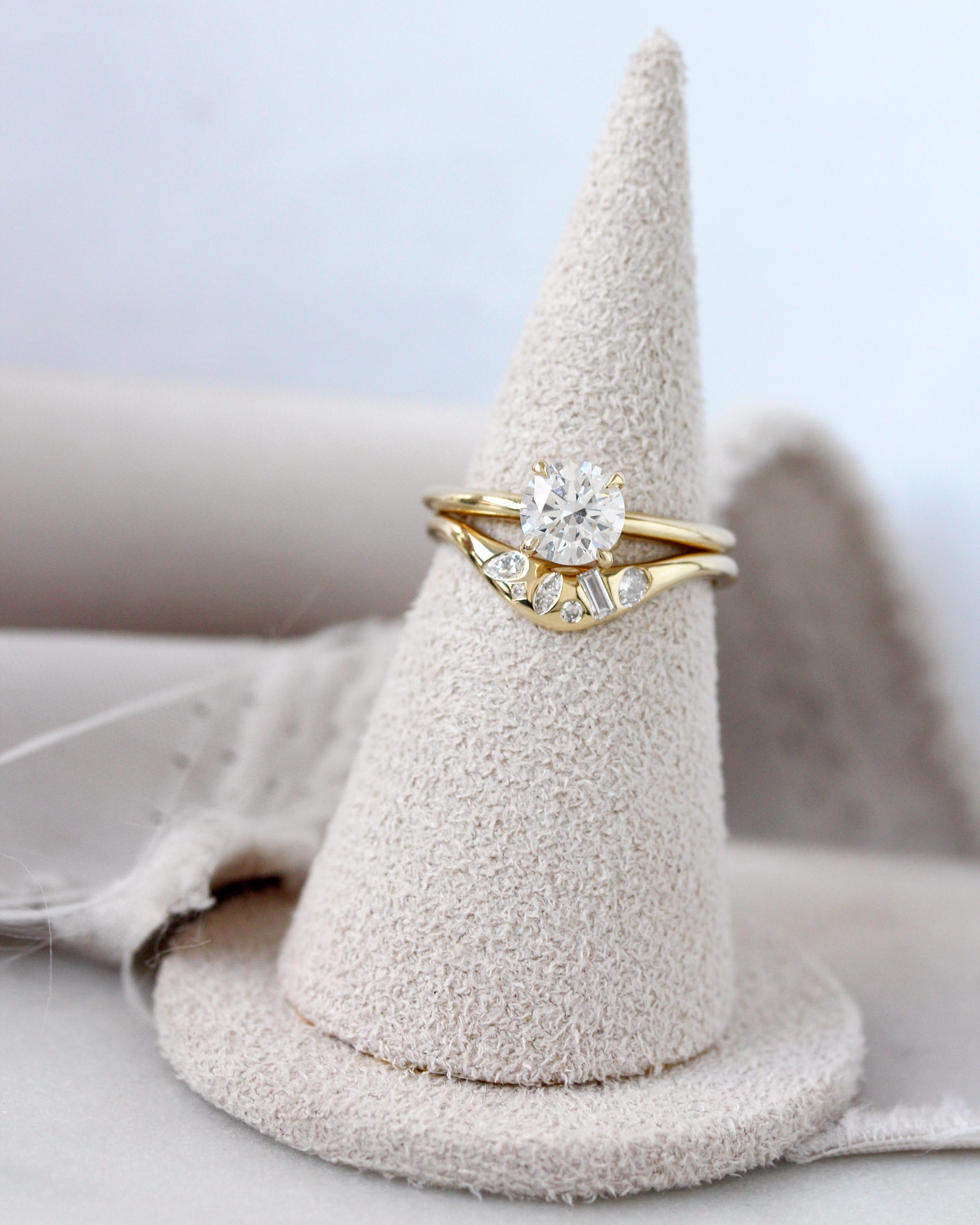 Engagement Ring Set - Round Diamond Solitaire 1ct "Arya" with Matching Mix Shape Natural Diamonds Curved Gold Wedding Nesting Ring "Melody"
