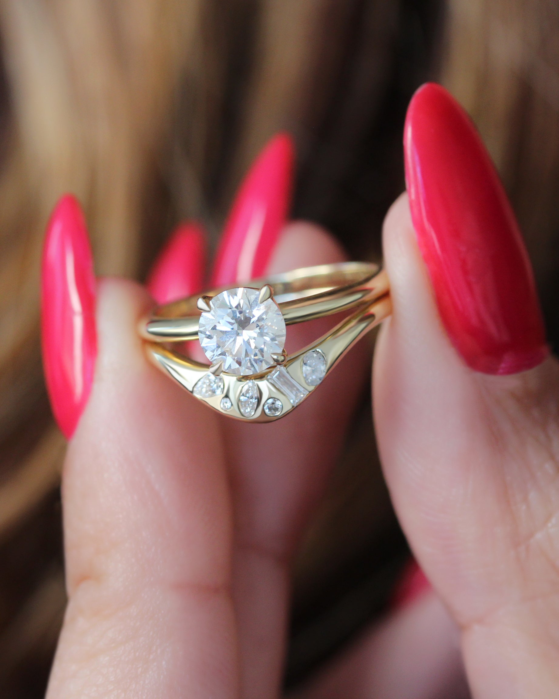 Engagement Ring Set - Round Diamond Solitaire 1ct "Arya" with Matching Mix Shape Natural Diamonds Curved Gold Wedding Nesting Ring "Melody"