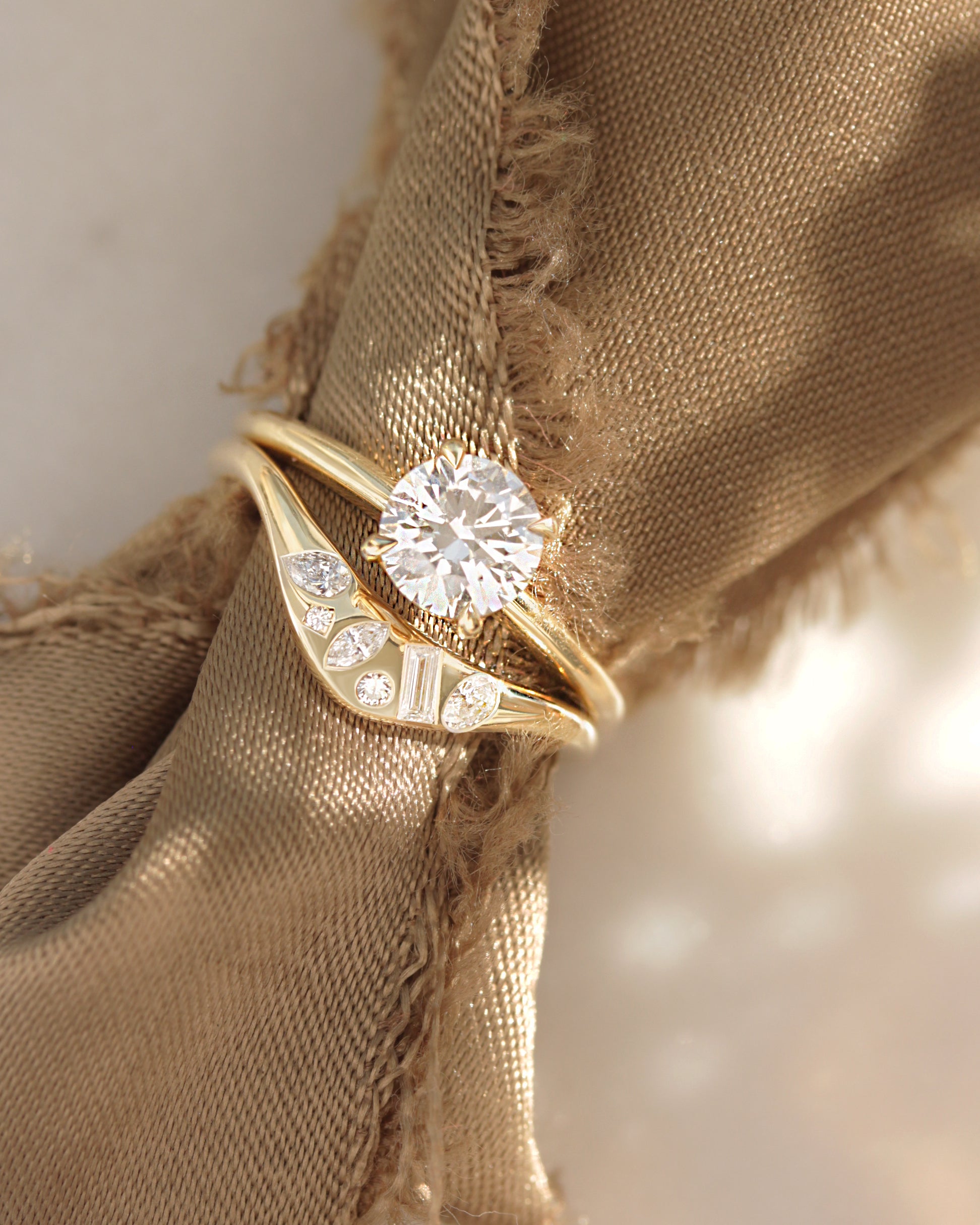 Engagement Ring Set - Round Diamond Solitaire 1ct "Arya" with Matching Mix Shape Natural Diamonds Curved Gold Wedding Nesting Ring "Melody"