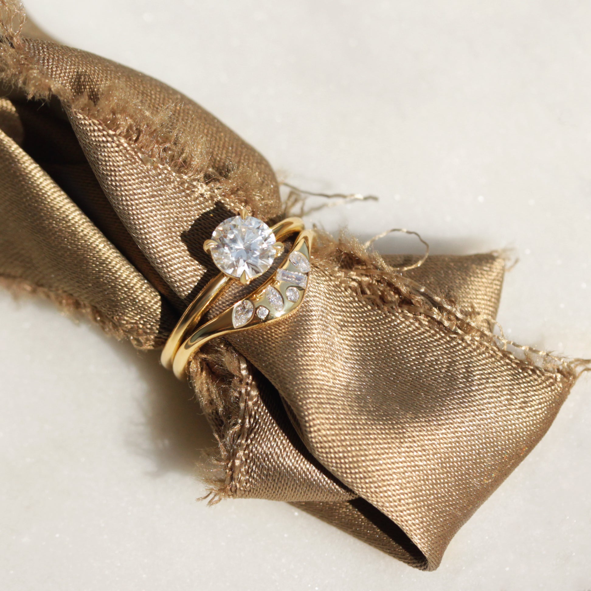 Engagement Ring Set - Round Diamond Solitaire 1ct "Arya" with Matching Mix Shape Natural Diamonds Curved Gold Wedding Nesting Ring "Melody"