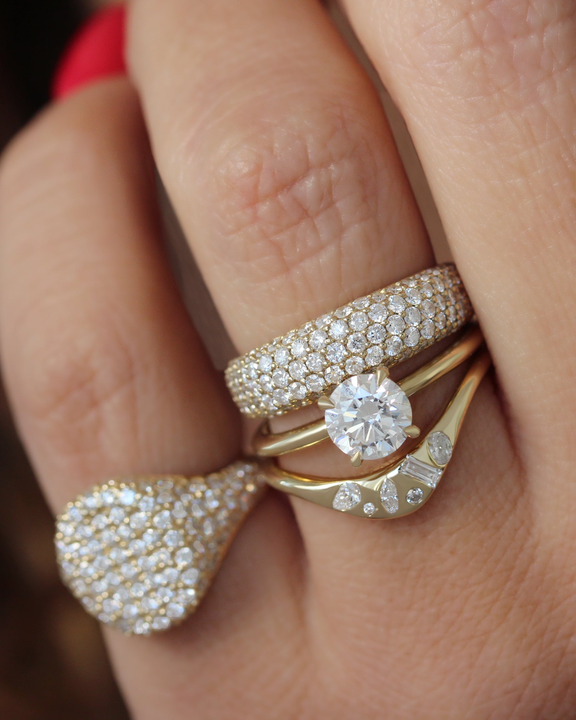 Engagement Ring Set - Round Diamond Solitaire 1ct "Arya" with Matching Mix Shape Natural Diamonds Curved Gold Wedding Nesting Ring "Melody"