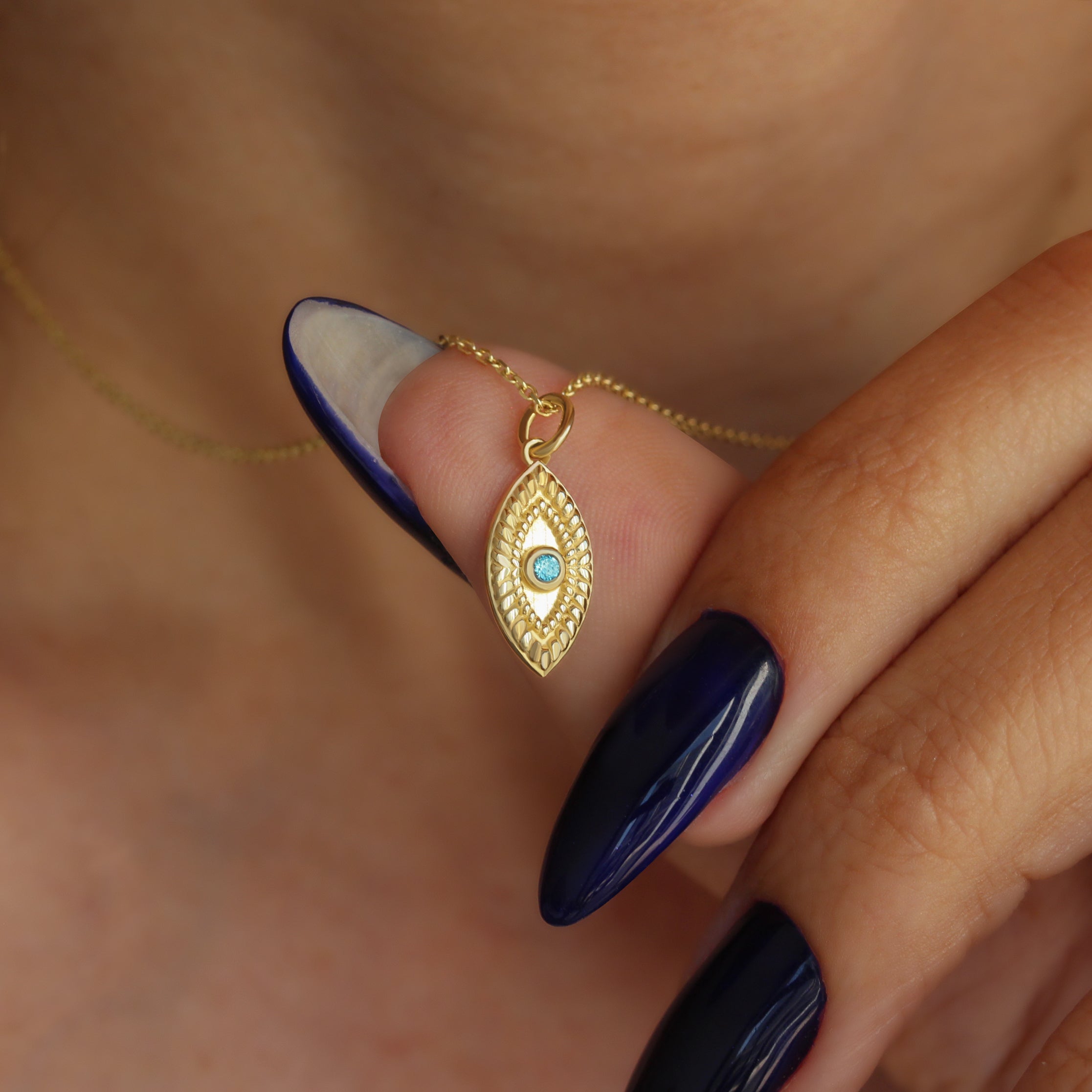 Evil Eye 14K Solid Gold Charm, protection Amulet Blue topaz