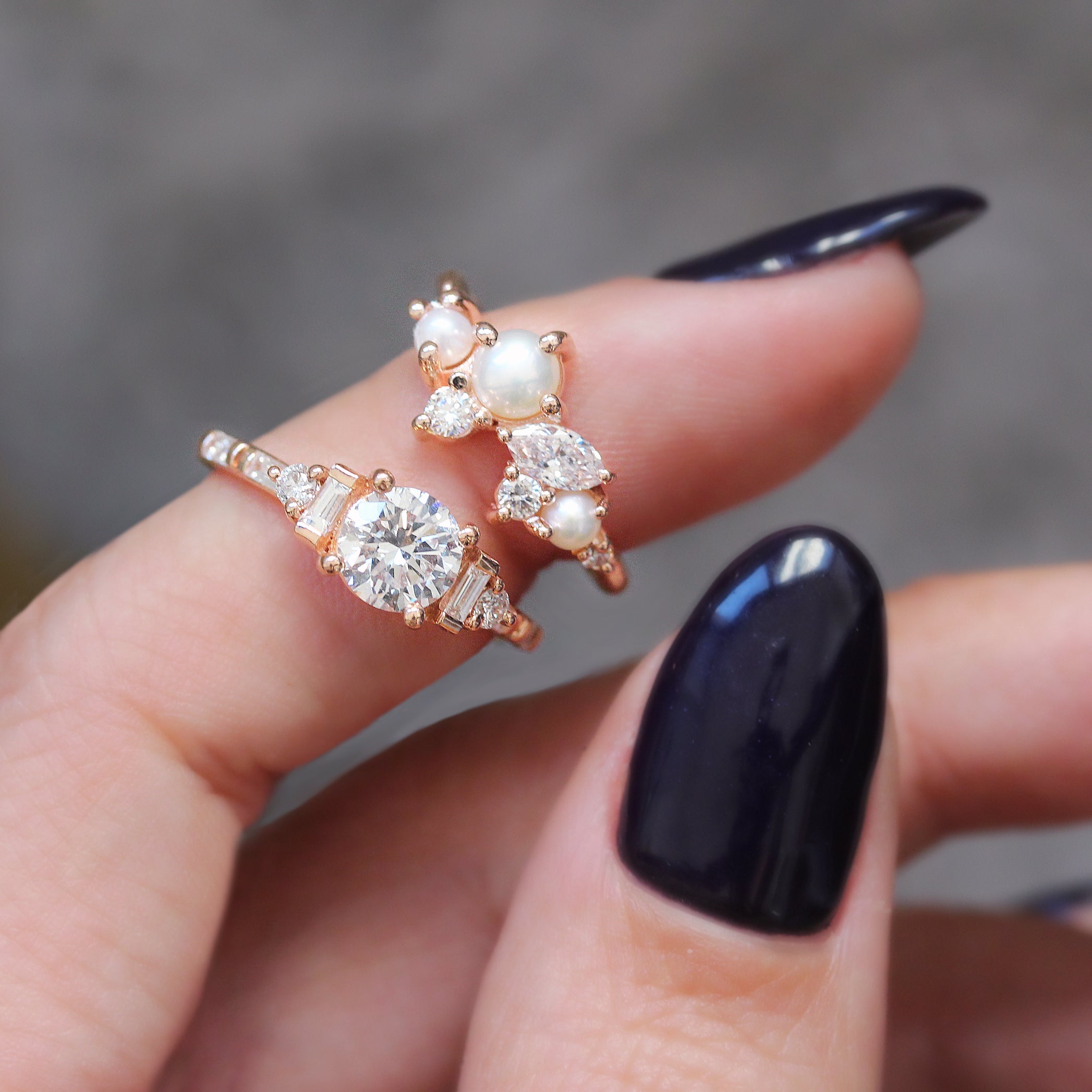 Round and Baguette Diamonds Cluster Engagement Ring - Alana