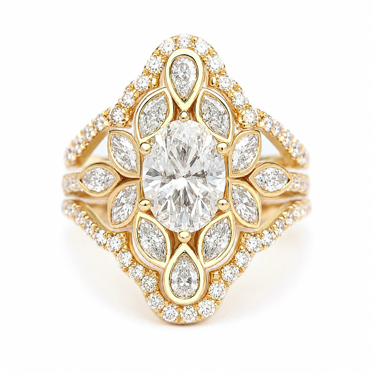 Oval & Marquise Diamonds Bezel Set Flower Engagement Ring with Pave Diamond Ring Wrap Lily #6