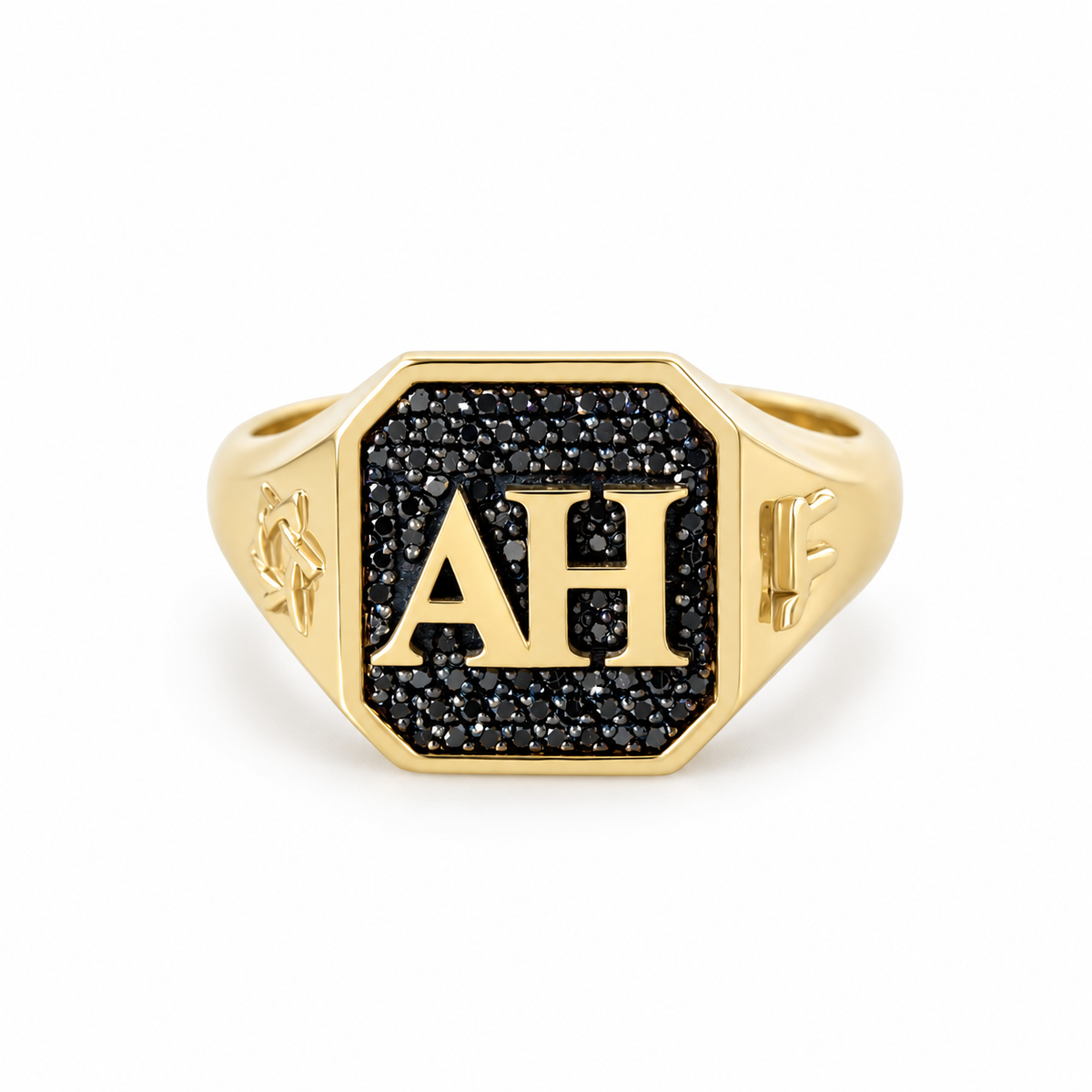 Fully Personalized Men College Signet Ring, Black Diamonds